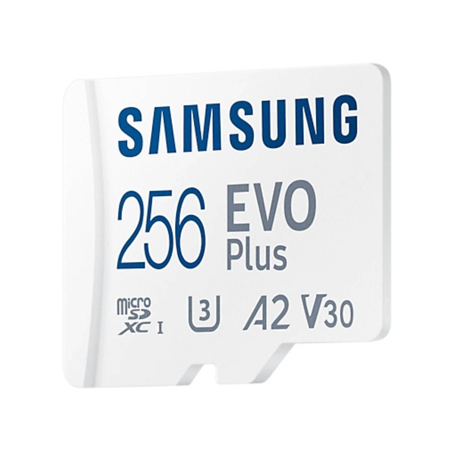 Carte micro SD Samsung blanche avec texte : 256 EVO Plus, U3, A2, V30.