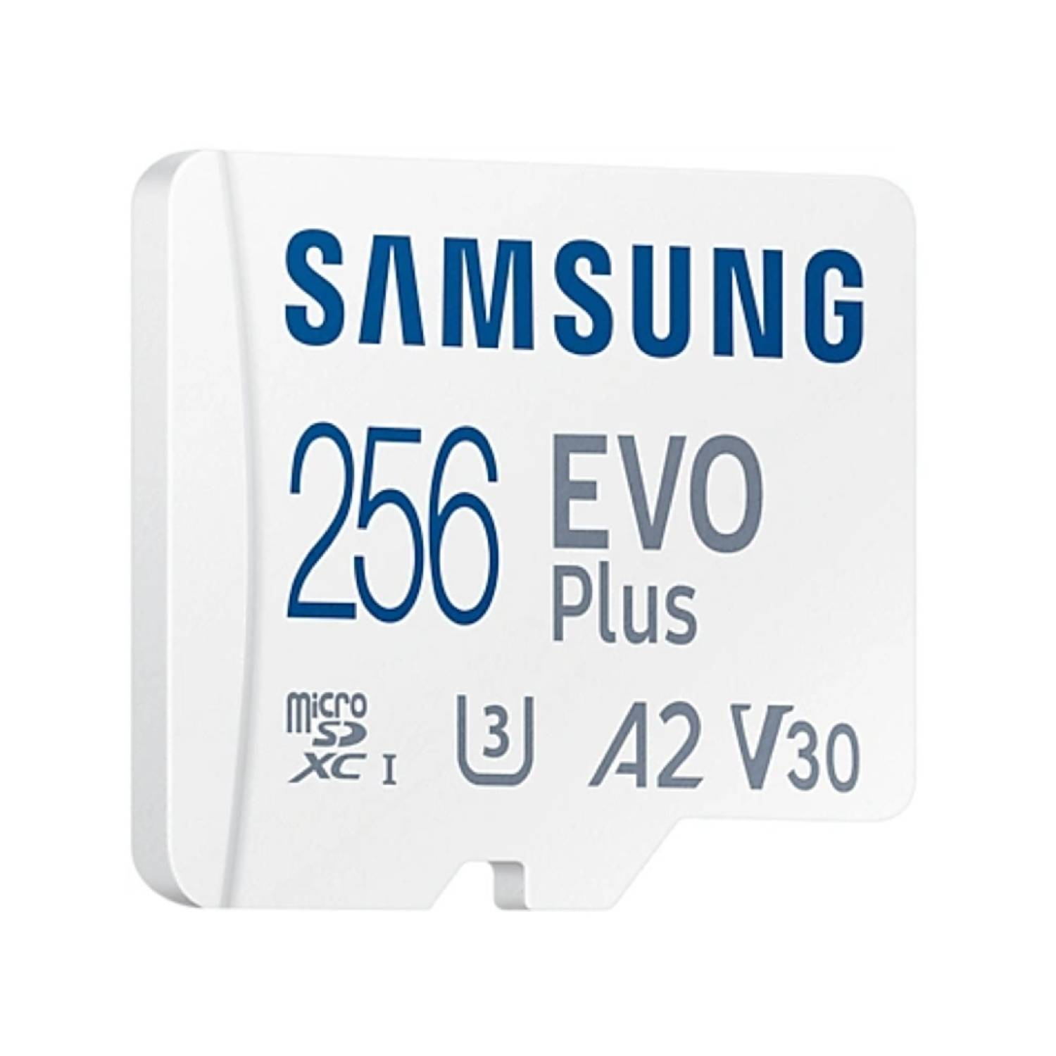 Une carte micro SD blanche Samsung 256 EVO Plus, avec texte et marquages.