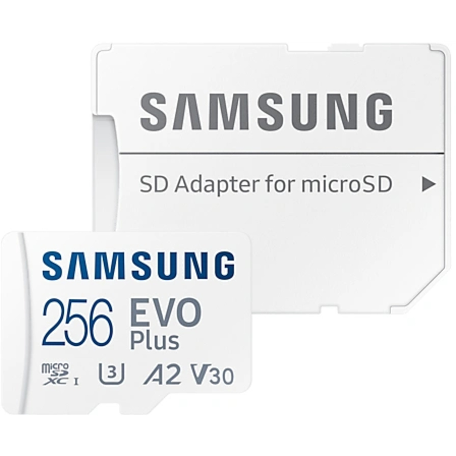 Une carte SD et un adaptateur Samsung blancs. La carte affiche '256 EVO Plus'.