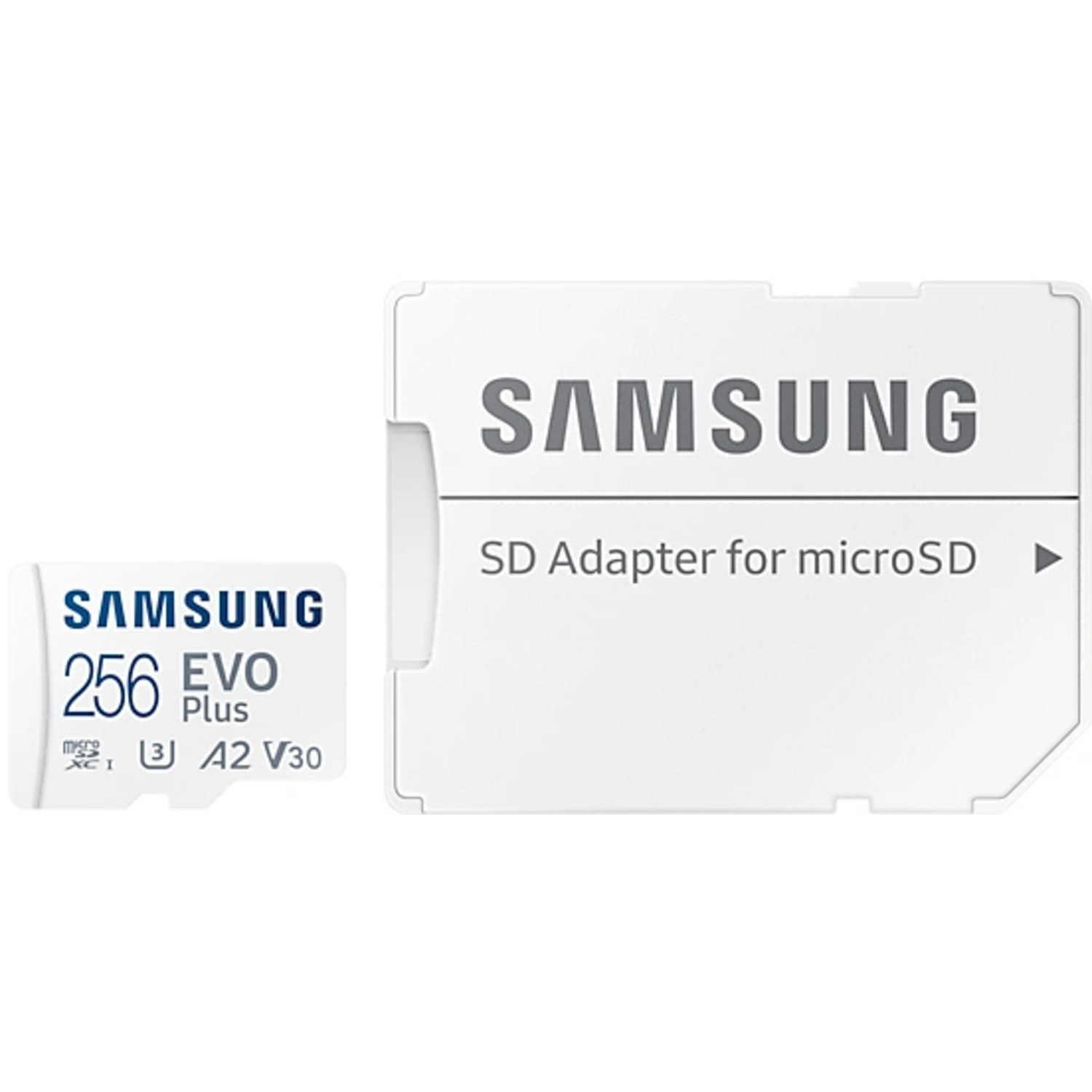 Carte microSD Samsung 256 EVO Plus et adaptateur SD. Blanc avec lettrage noir.