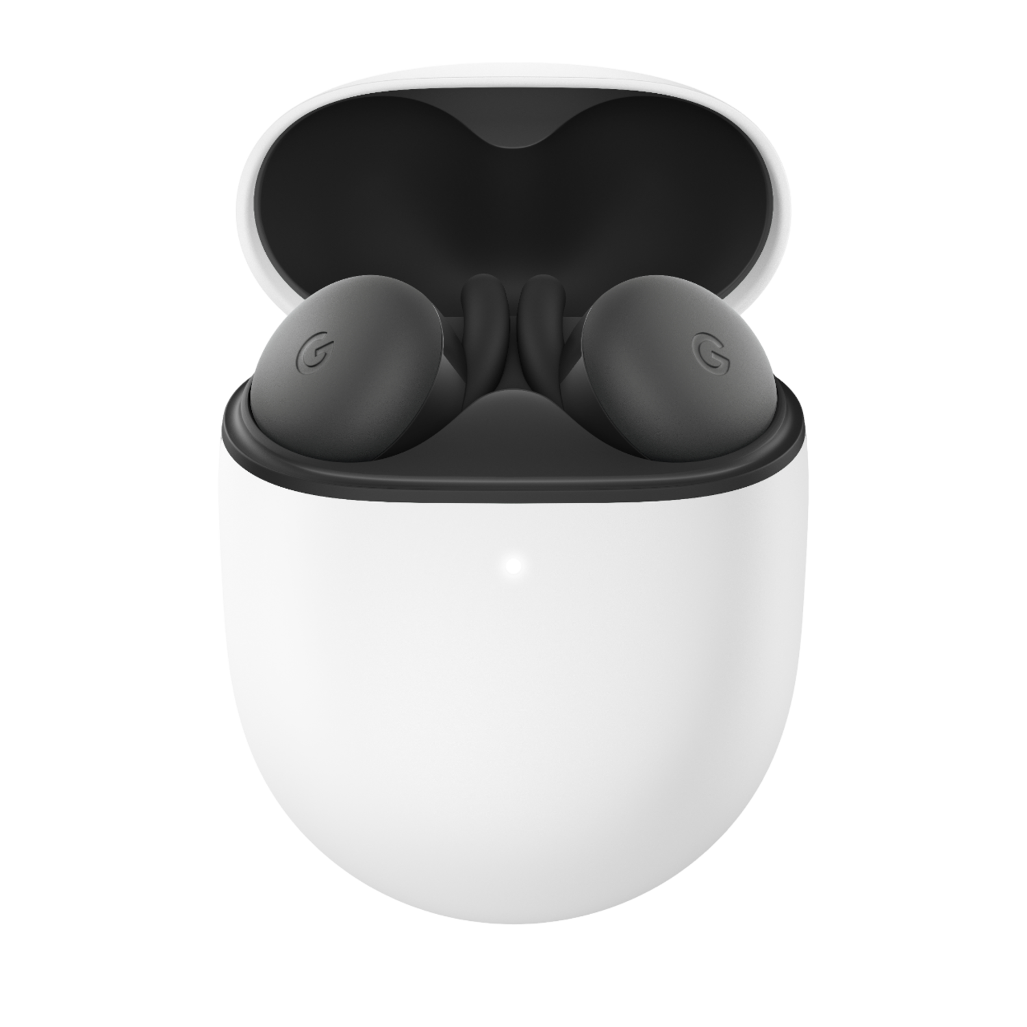 Een witte oplaadcase bevat twee grijze in-ear oordopjes. De case is open.