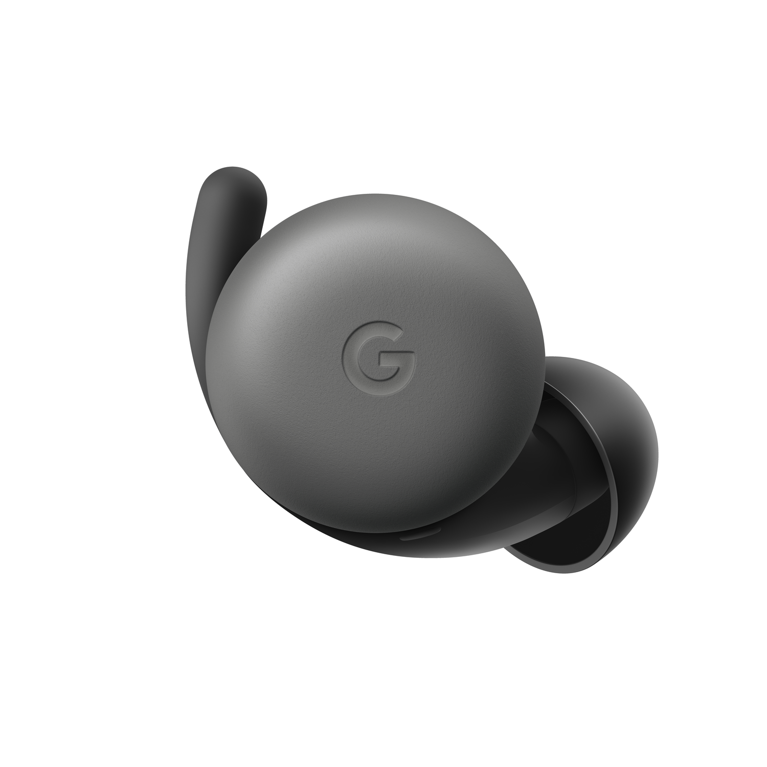 Een enkele Google Pixel Buds oordop. Hij is donkergrijs met een zwarte oortip en een cirkelvormig logo.