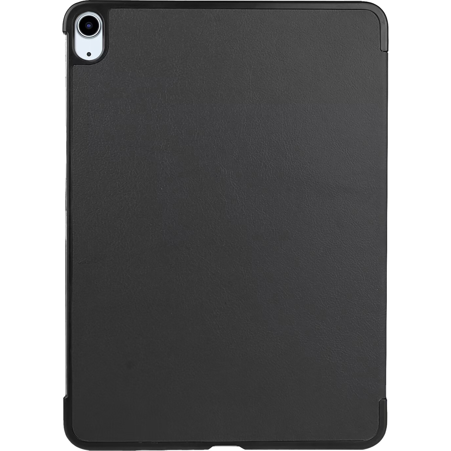 Black tablet case with camera cutout. Plain black surface, black border. White background.