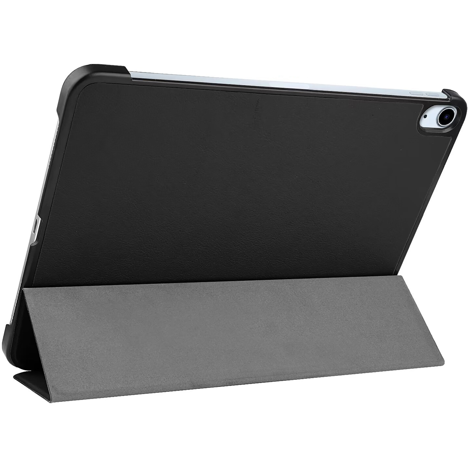 Black tablet case with the tablet inside. Gray cover is folded to stand. White background.
