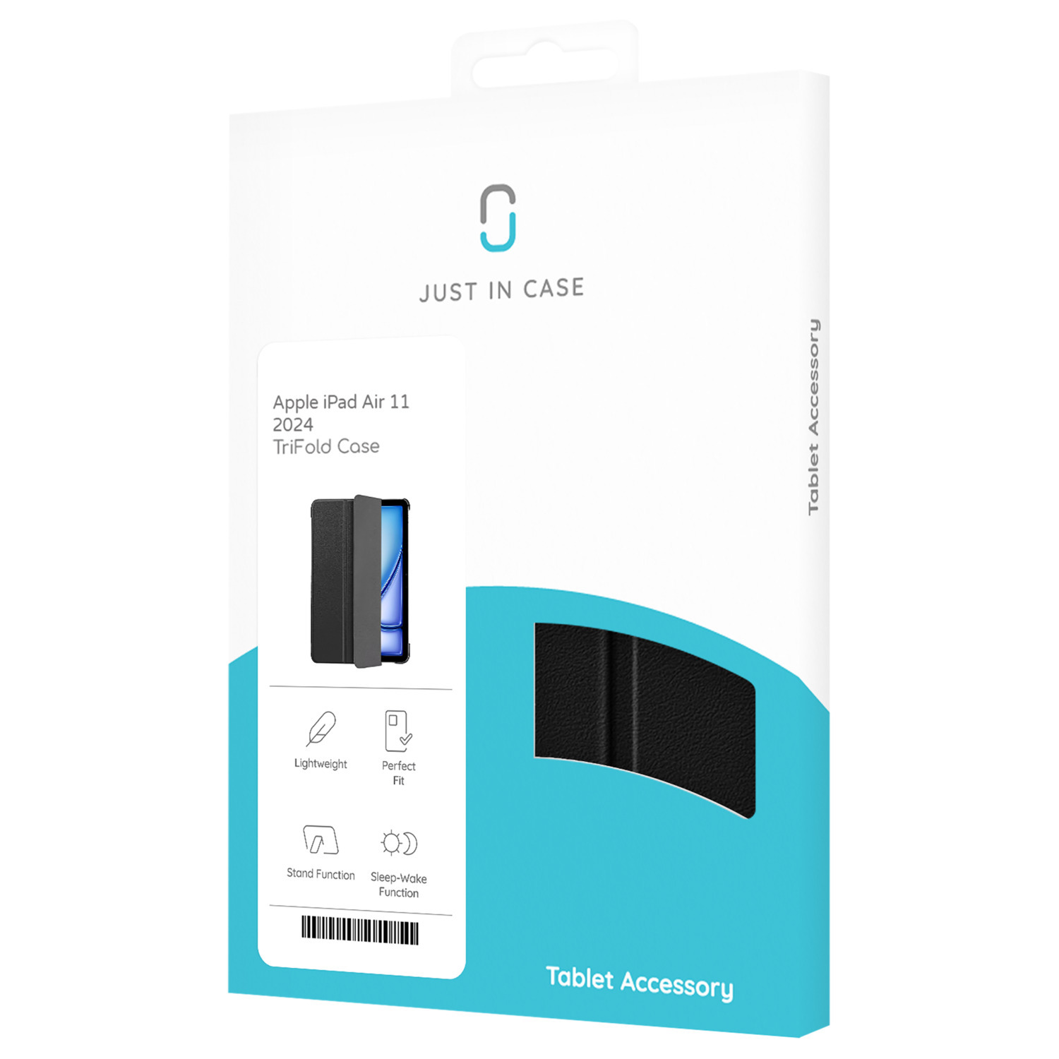 Tablet case box with images of a tablet and text, on a white background.