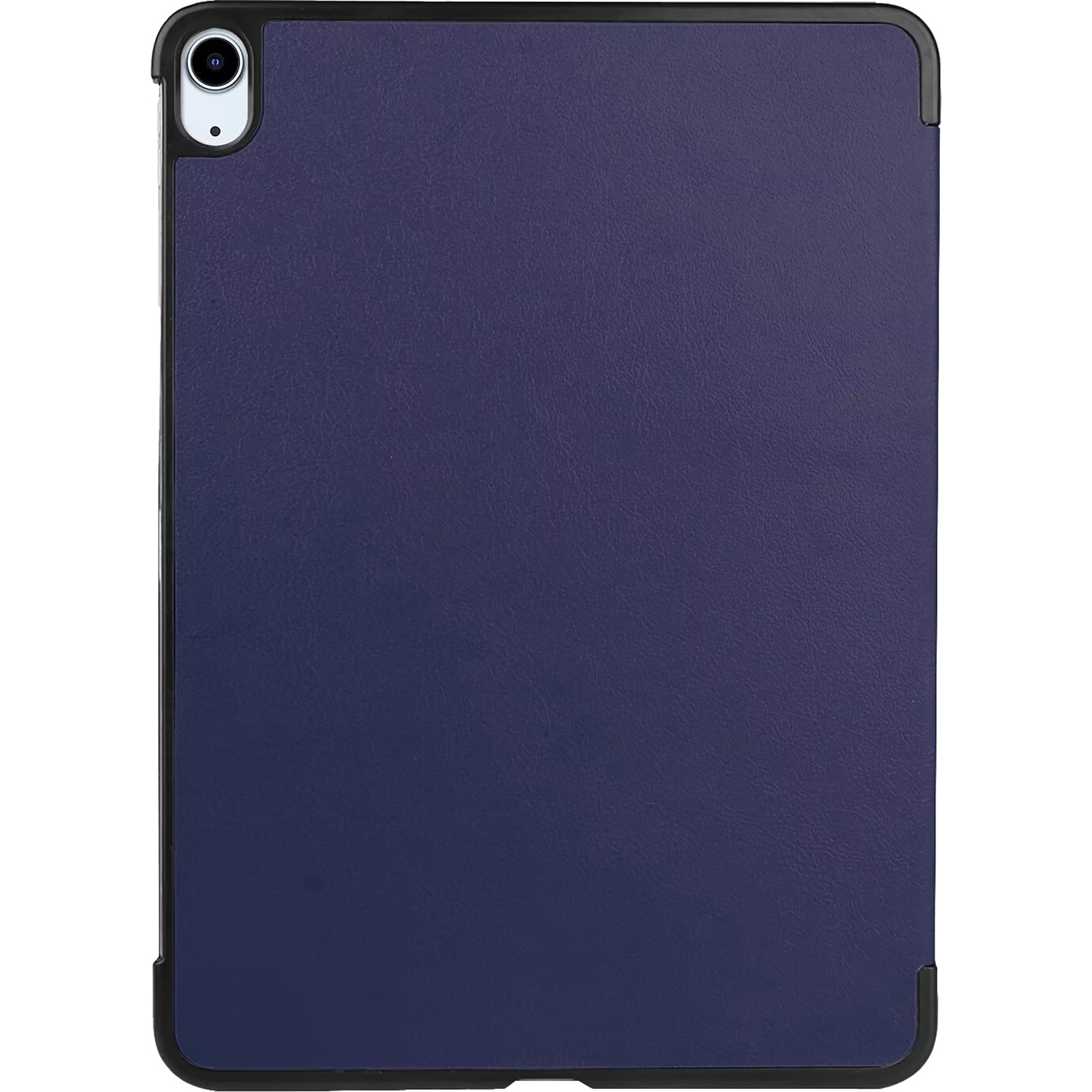 Tablet in a blue leather case, with a black frame and camera.