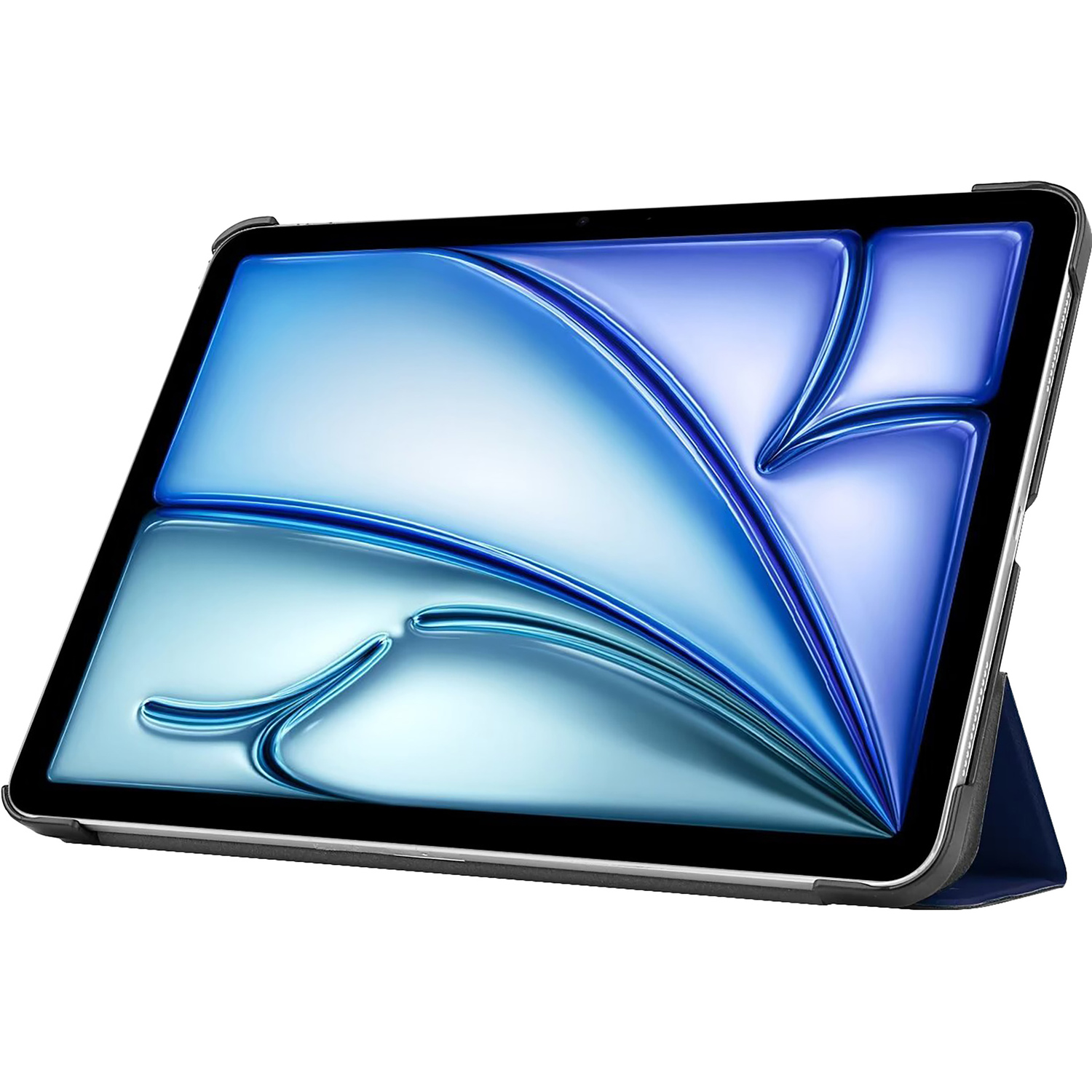 Blue tablet in a blue case, angled. White background.