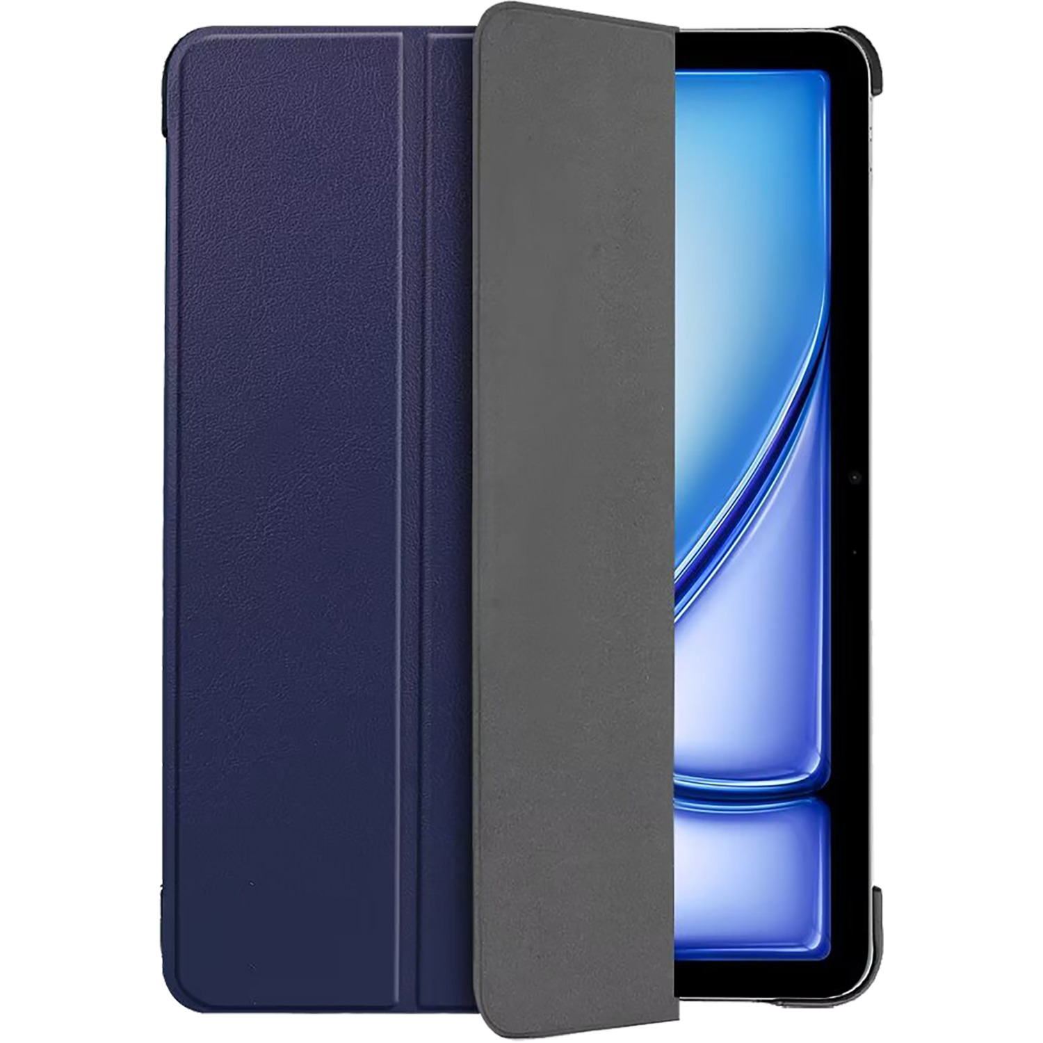 A dark blue tablet case, open to reveal a tablet screen. The case is on a white background.