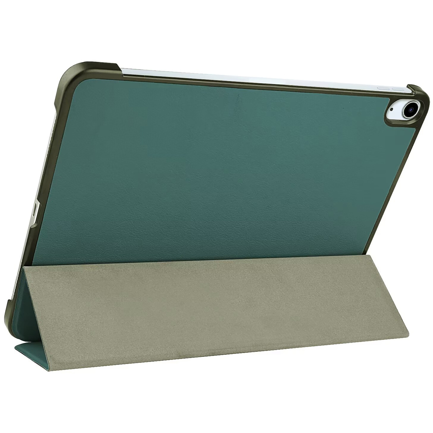 An open tablet case in green and gray colors, with the tablet screen facing up.