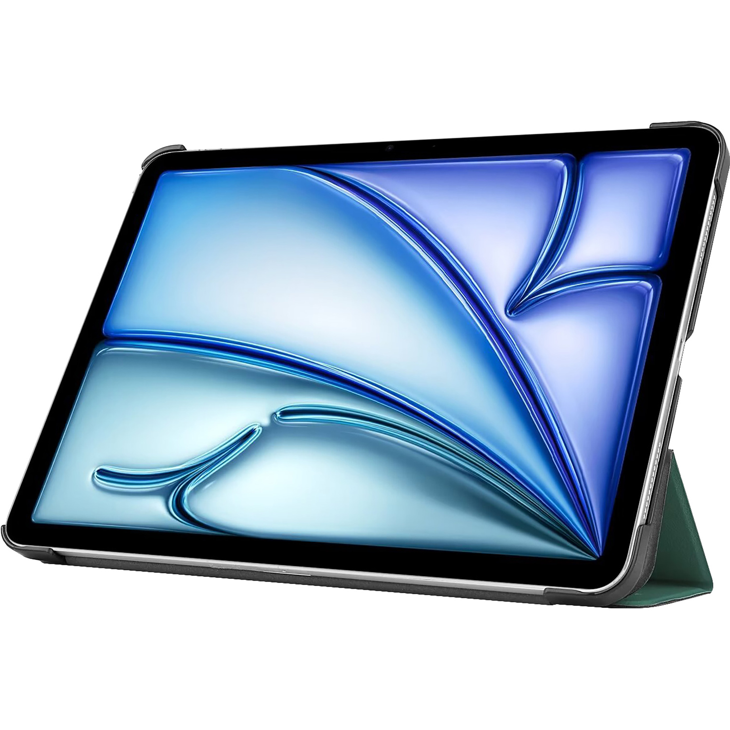 Tablet in a green case with a blue and white abstract design on the screen.