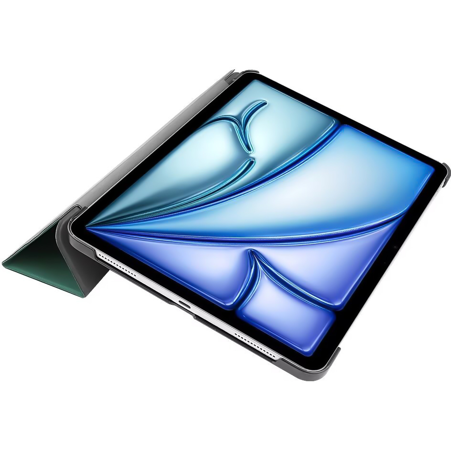 A tablet on a table with a case open, showing a bright screen.