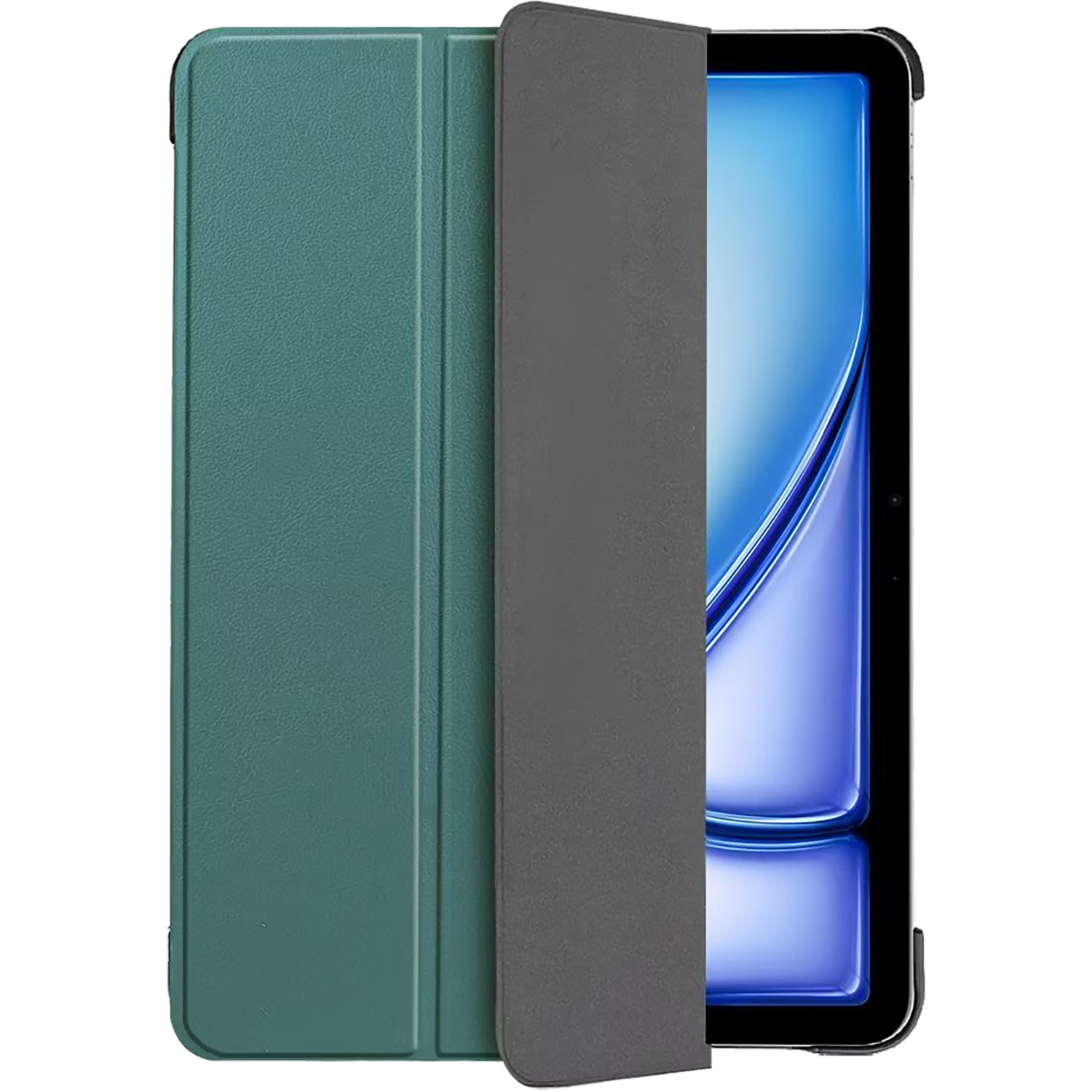 Green tablet case with a gray interior. The case is partially open.