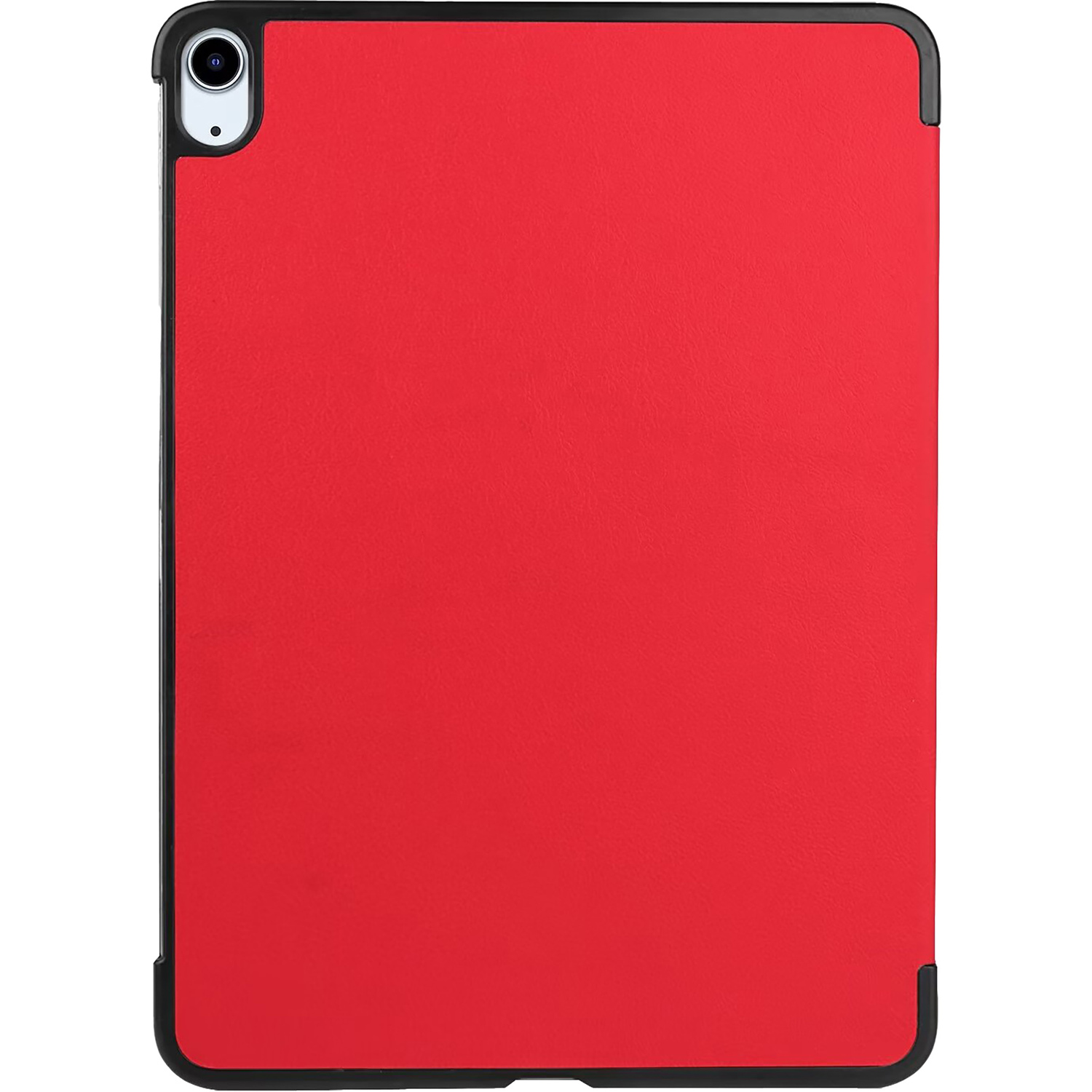 A red iPad inside a black case. The camera is visible at the back.
