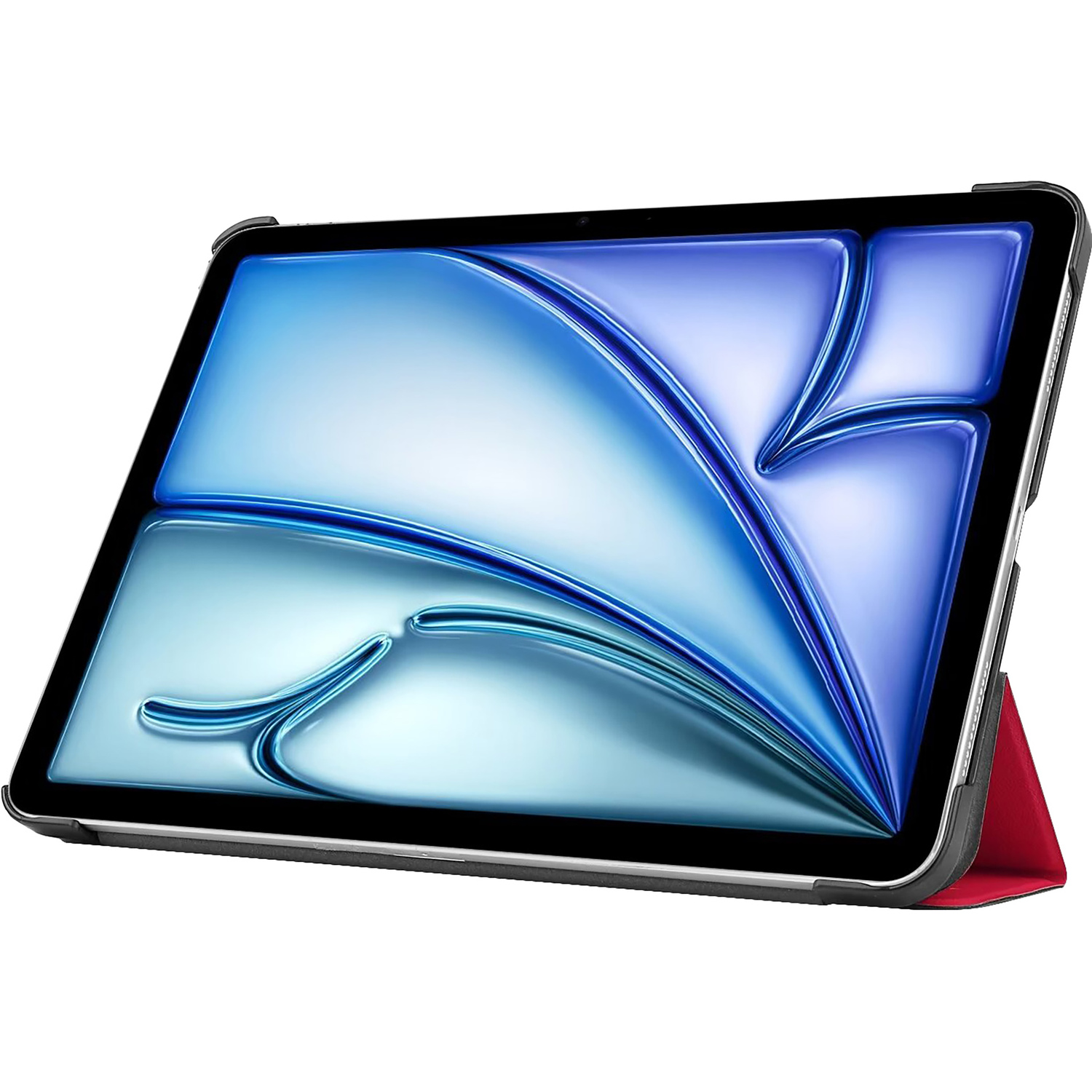 Tablet with blue and red cover, with a screen showing a blue image.