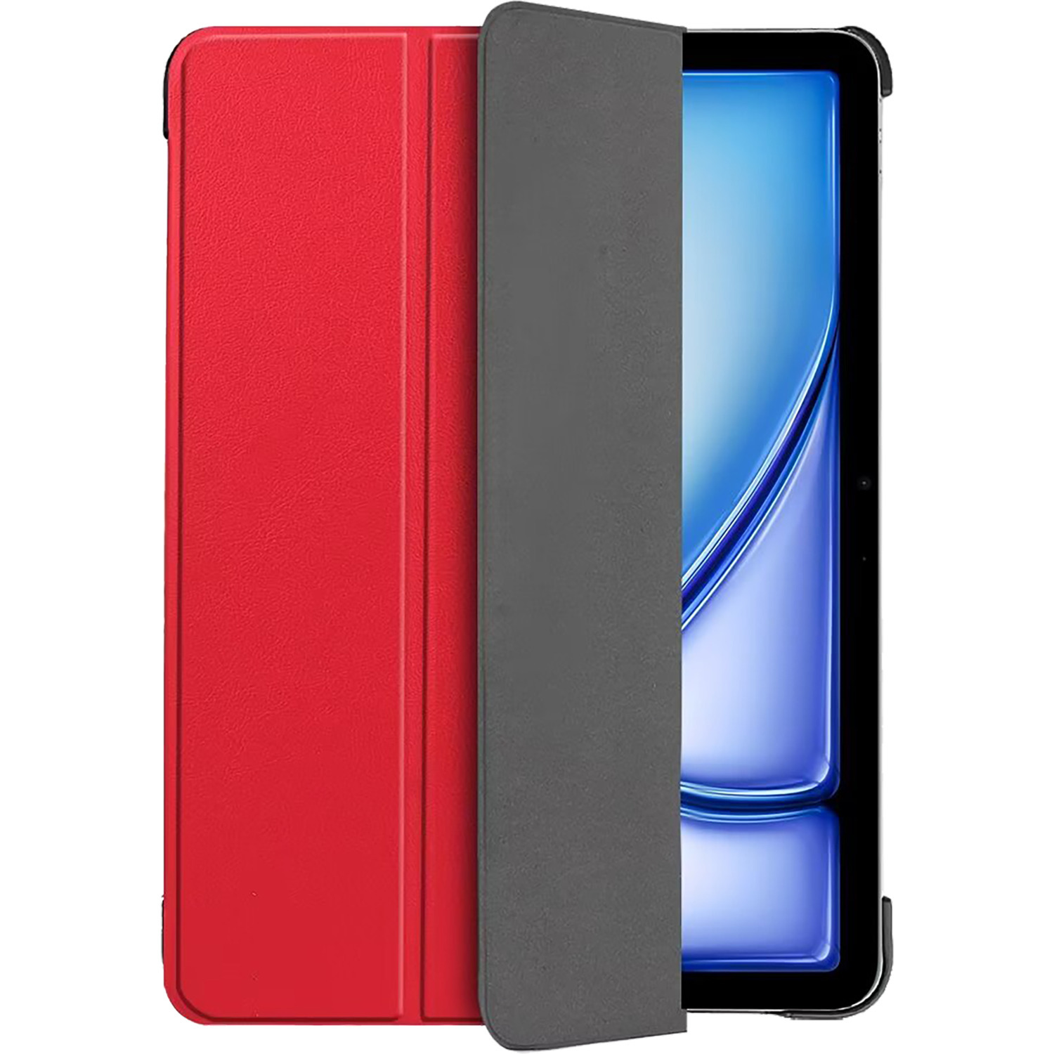 Red tablet case open to reveal a tablet screen, with gray cover.