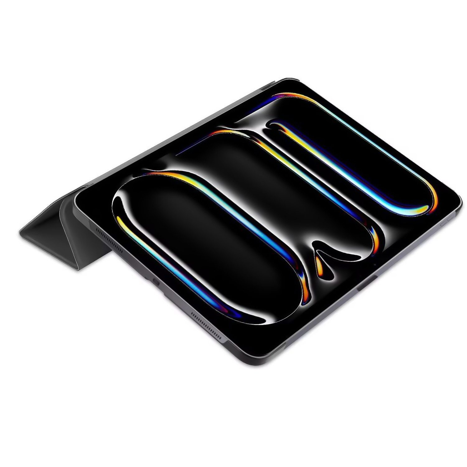Black tablet cover with a screen, showing a rainbow reflection.