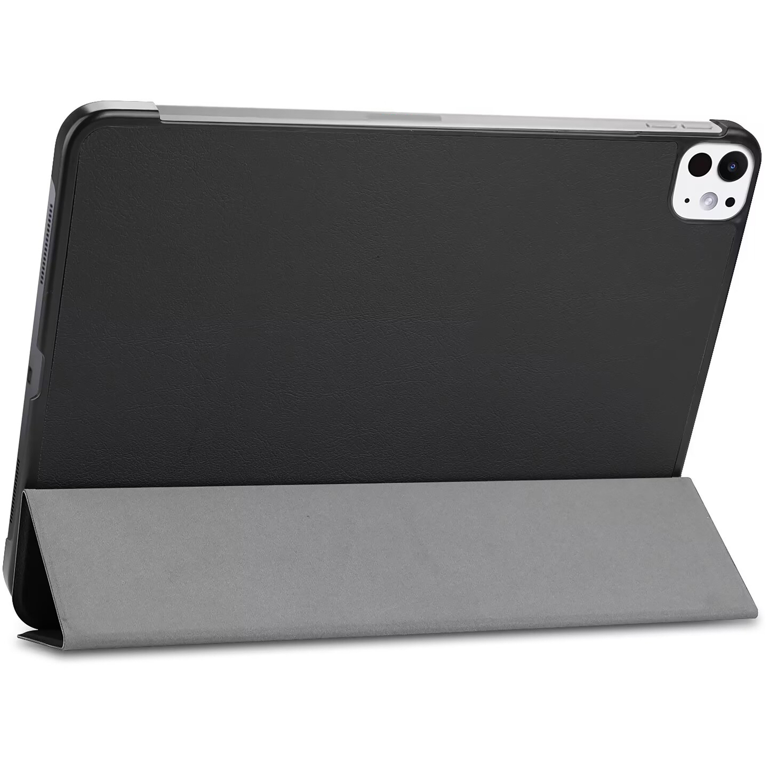Tablet in black case, propped open. The cover is grey.