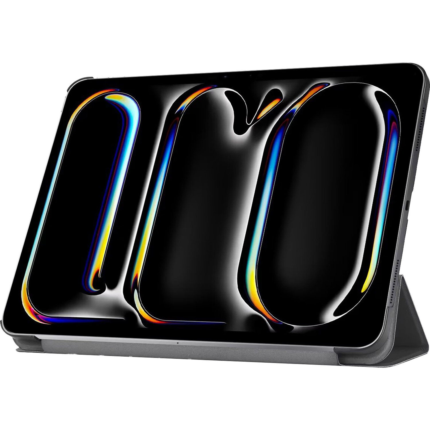 An iPad in a case with a cover, displayed against a black background.