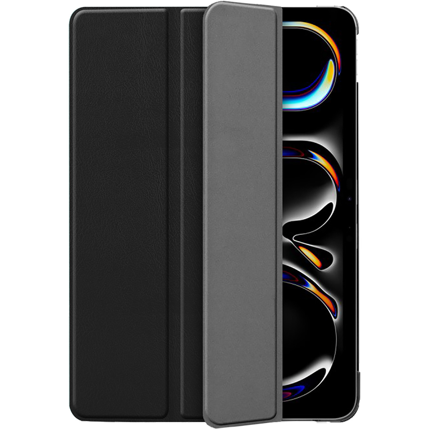 Black tablet case with a cover, open to show a tablet screen, and a black background.
