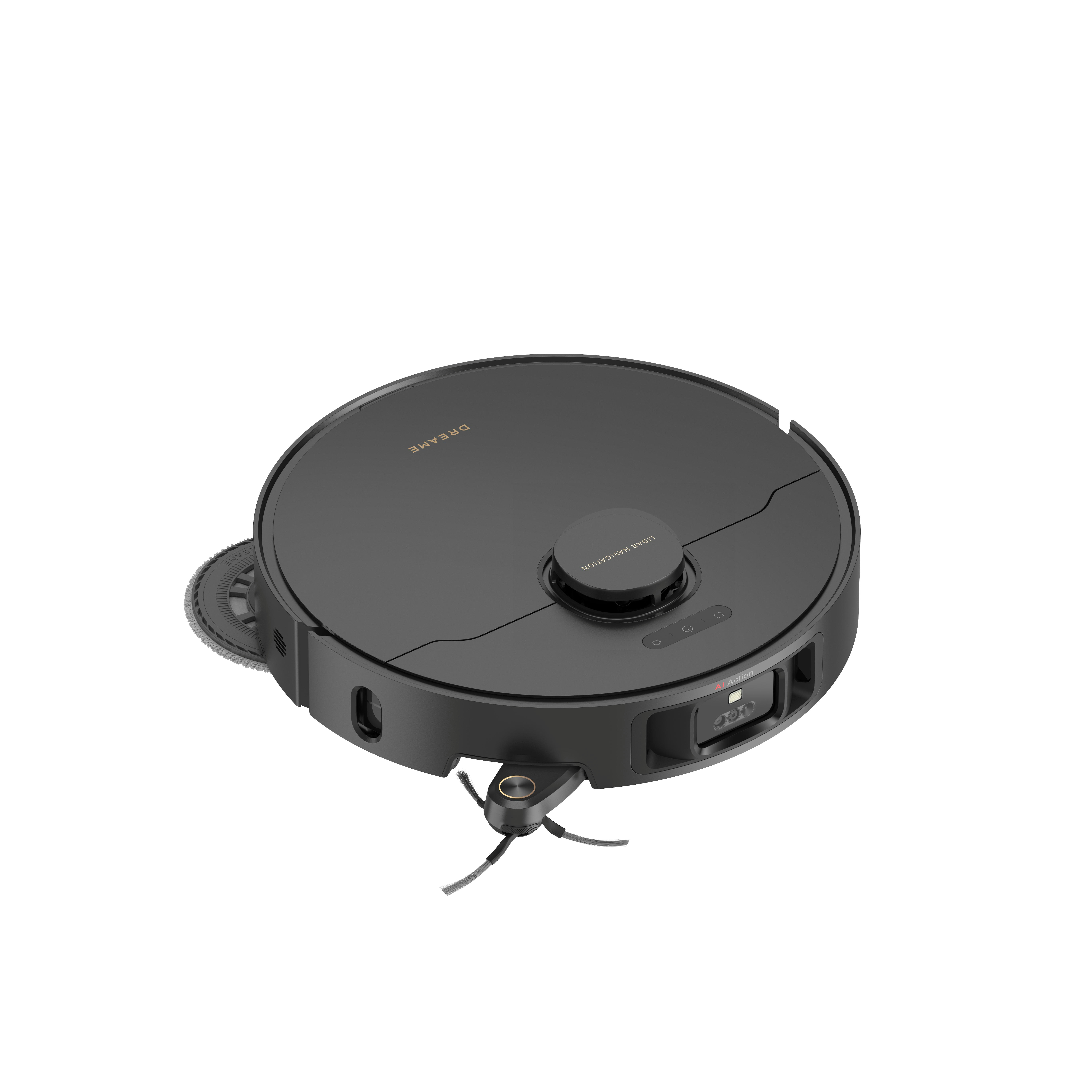 Ein schwarzer Roboter-Staubsauger mit runder Form und Ladestation.