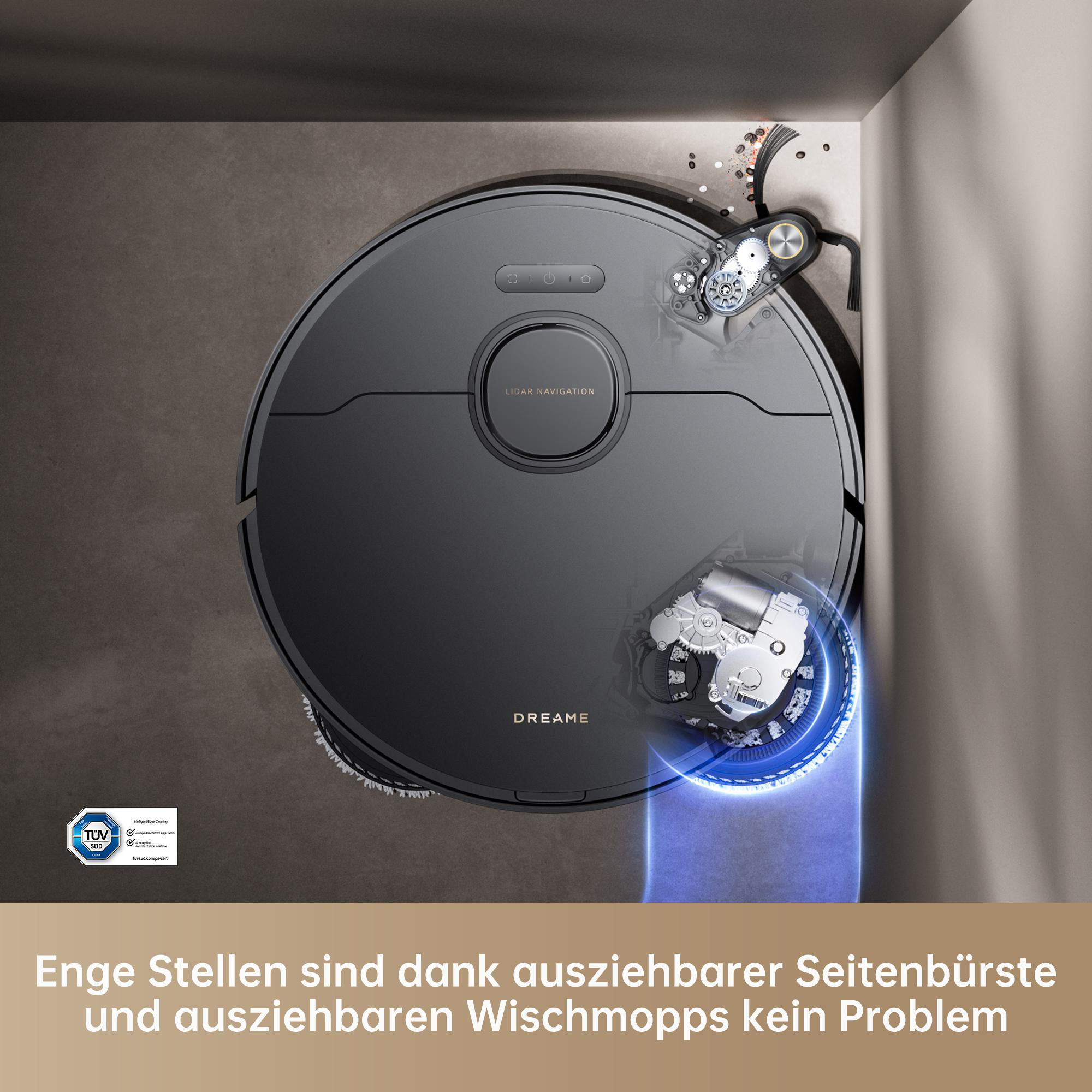 Roboter-Staubsauger in einer Ecke. Teile mit blauem Licht hervorgehoben. Weißer Text, dunkelgrauer Hintergrund.