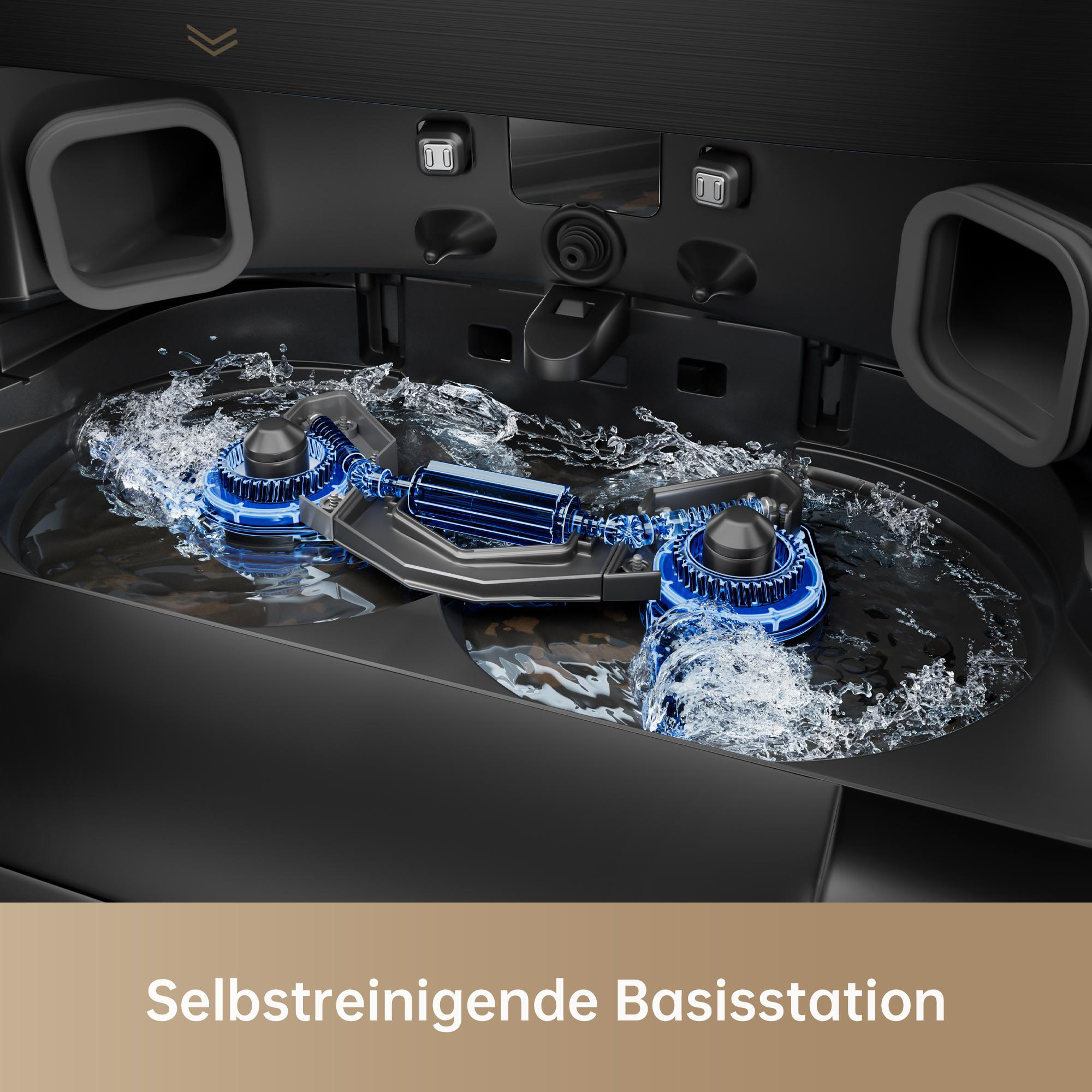 Nahaufnahme einer selbstreinigenden Basisstation mit Wasser und Reinigungsmechanismus innen.