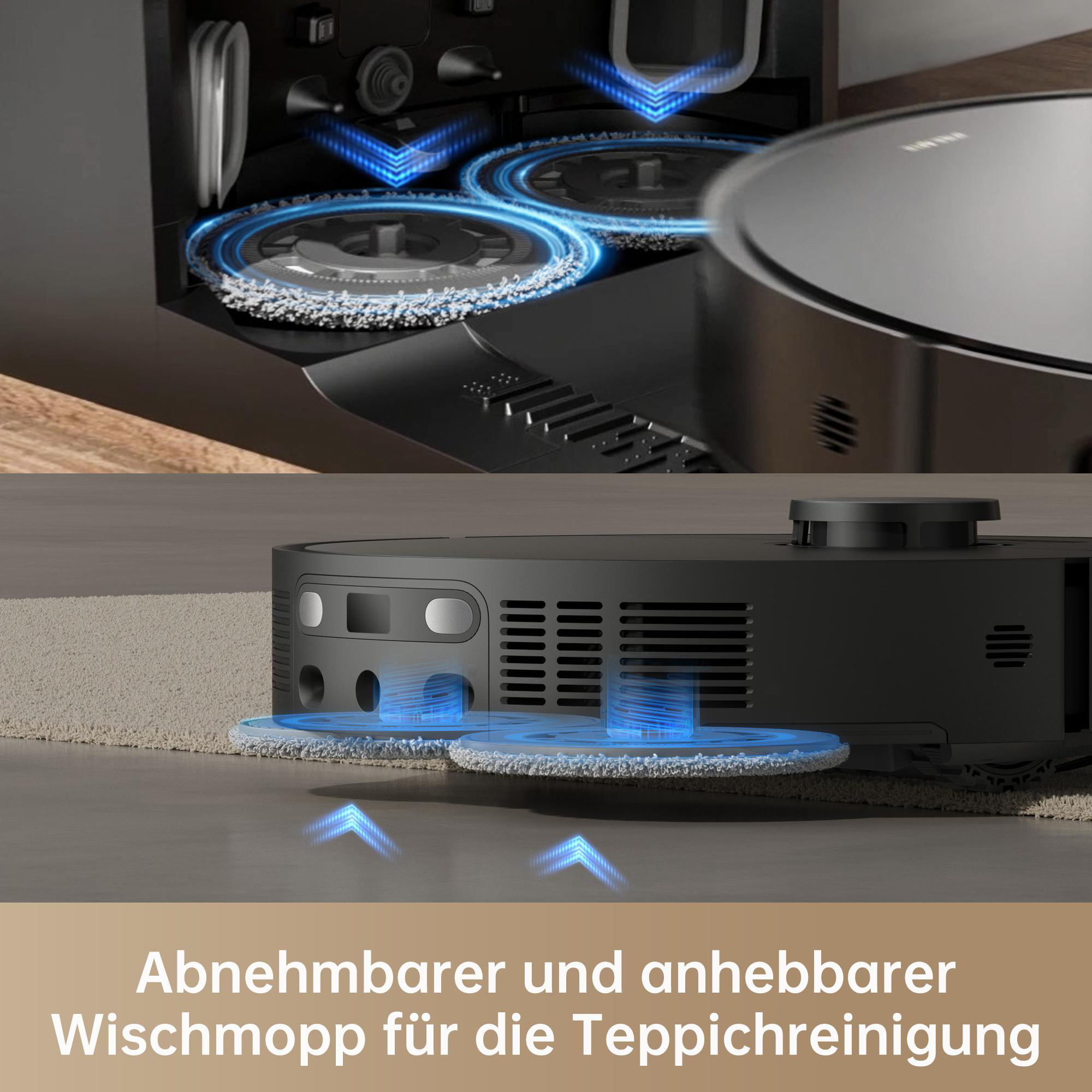 Ein Roboter-Staubsauger hat zwei rotierende Mopps. Das Bild zeigt eine Nahaufnahme der Reinigungsaktion.