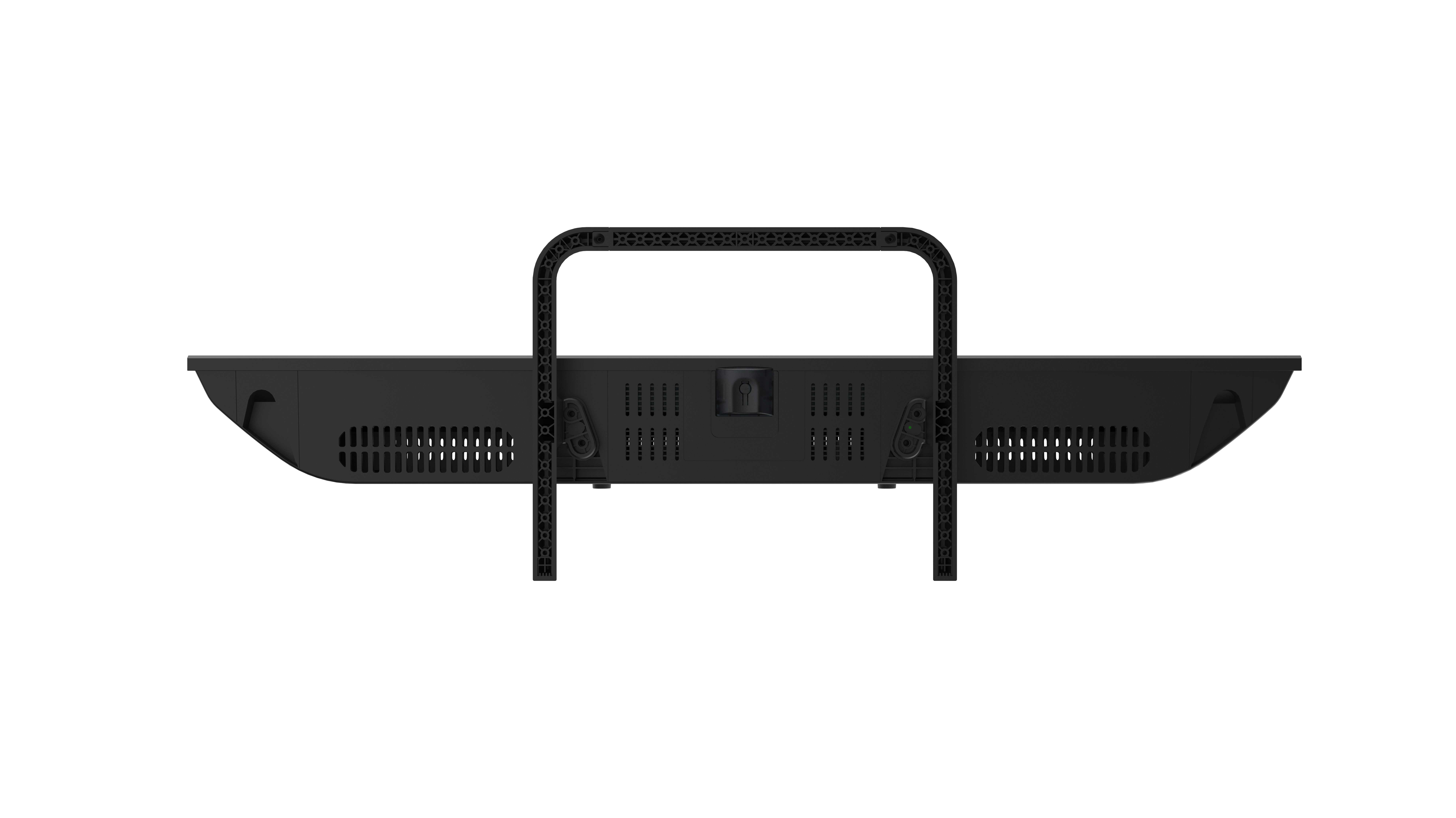 Schwarze Soundbar mit schwarzem Griff, weißer Hintergrund.