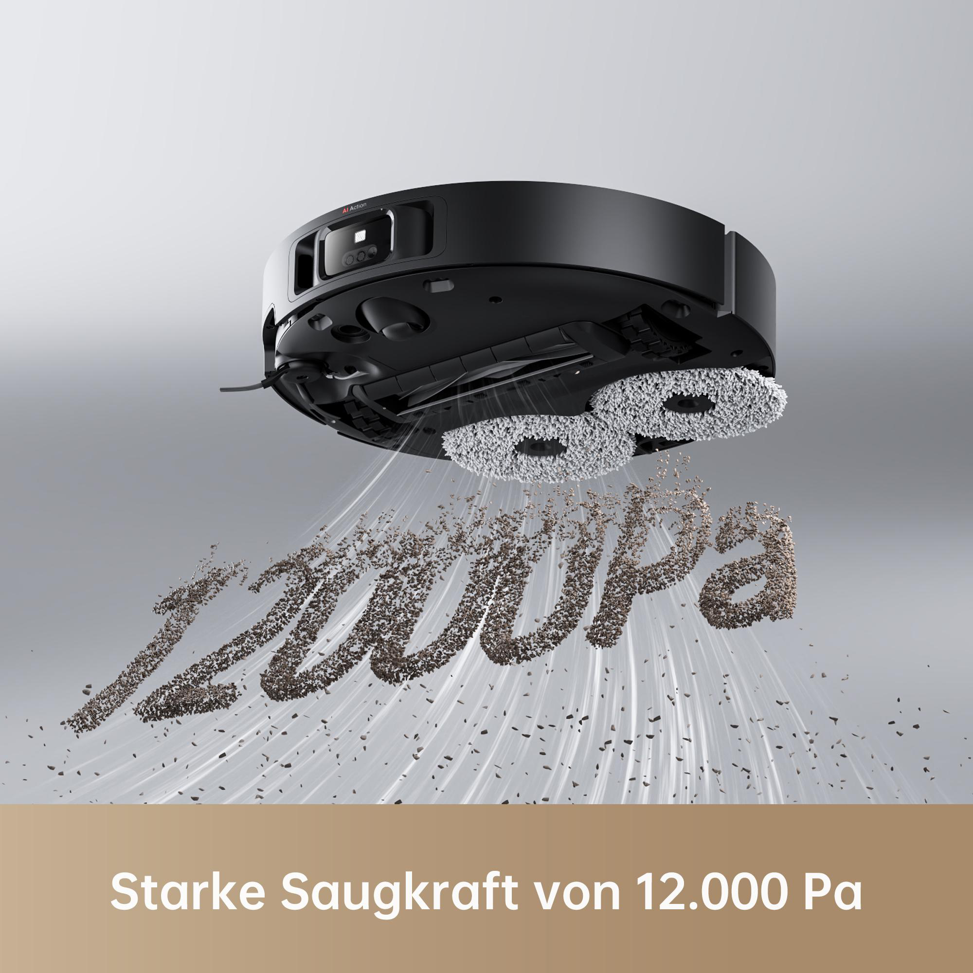 Ein schwarzer Roboter-Staubsauger reinigt und die Wörter 