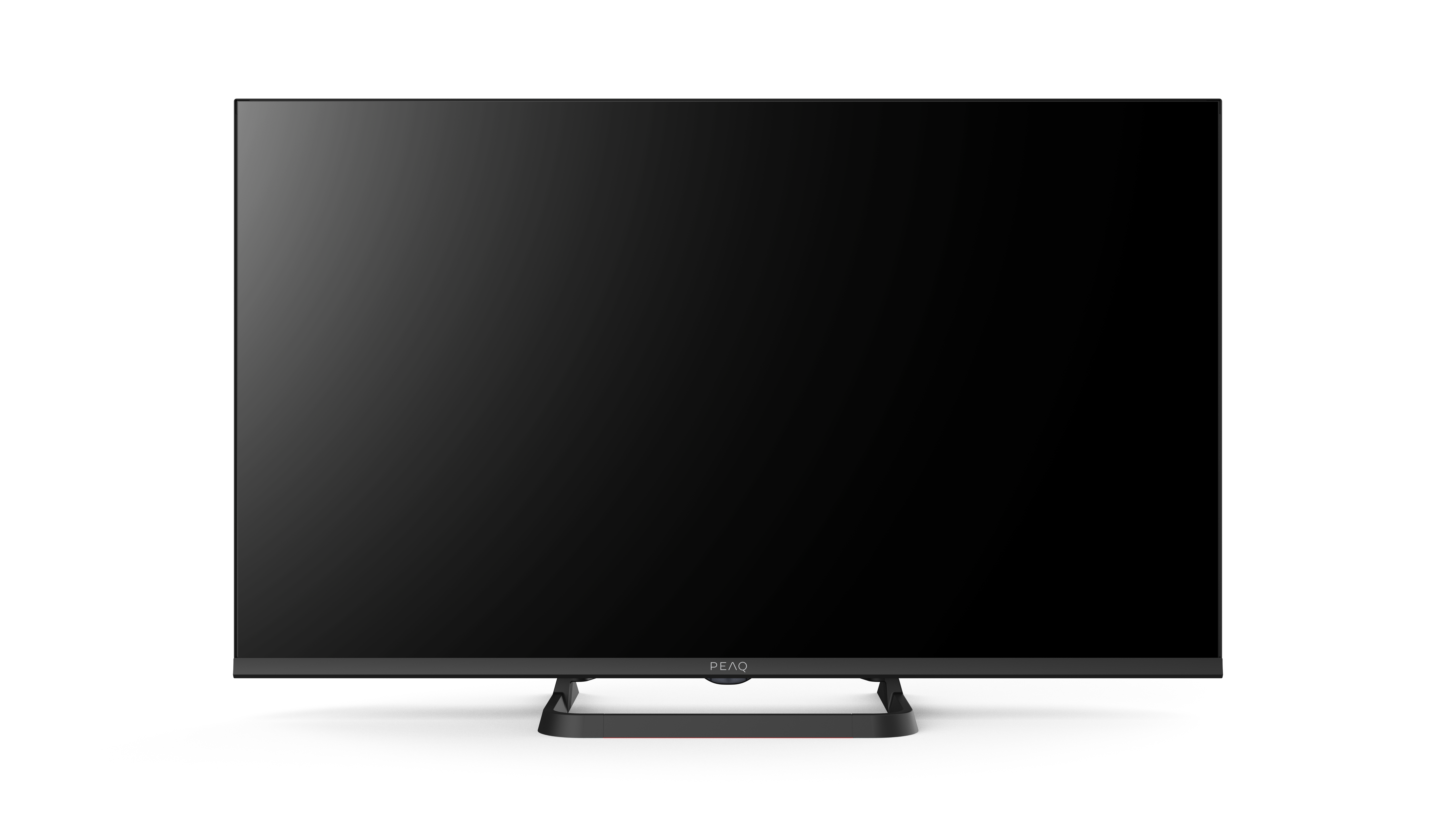 Ein schwarzer Fernseher mit Ständer, der Bildschirm ist schwarz, isoliert auf Weiß.