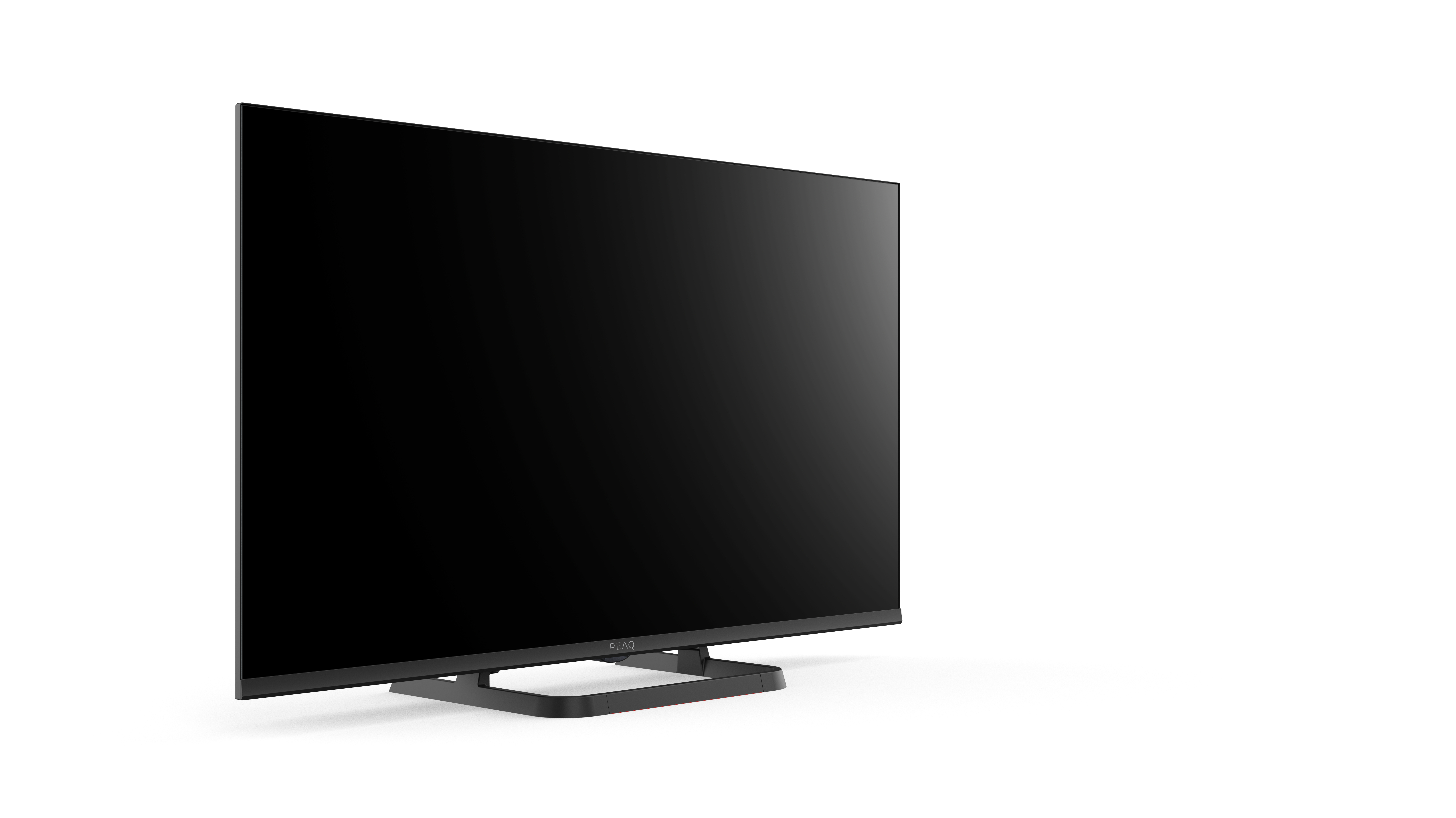 Ein schwarzer Fernseher auf einem Ständer, abgewinkelt, isoliert auf weißem Hintergrund.