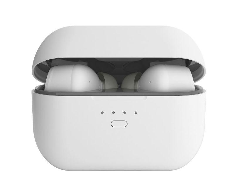 Białe etui ładujące ze słuchawkami. Etui jest otwarte, pokazując trzy kontrolki.
