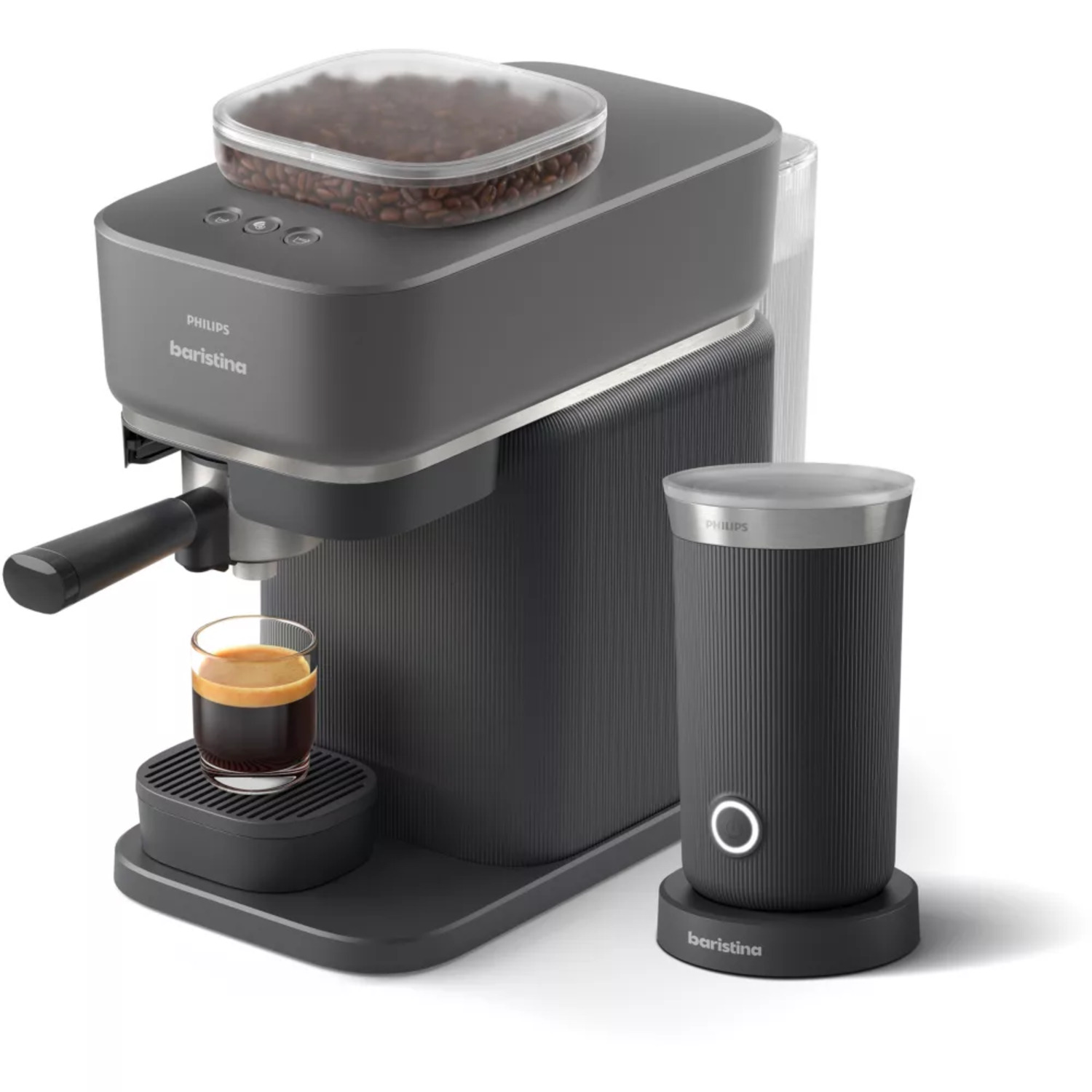 Dark gray Philips Baristina coffee machine and milk frother. A glass of espresso sits nearby. Coffee beans on top.