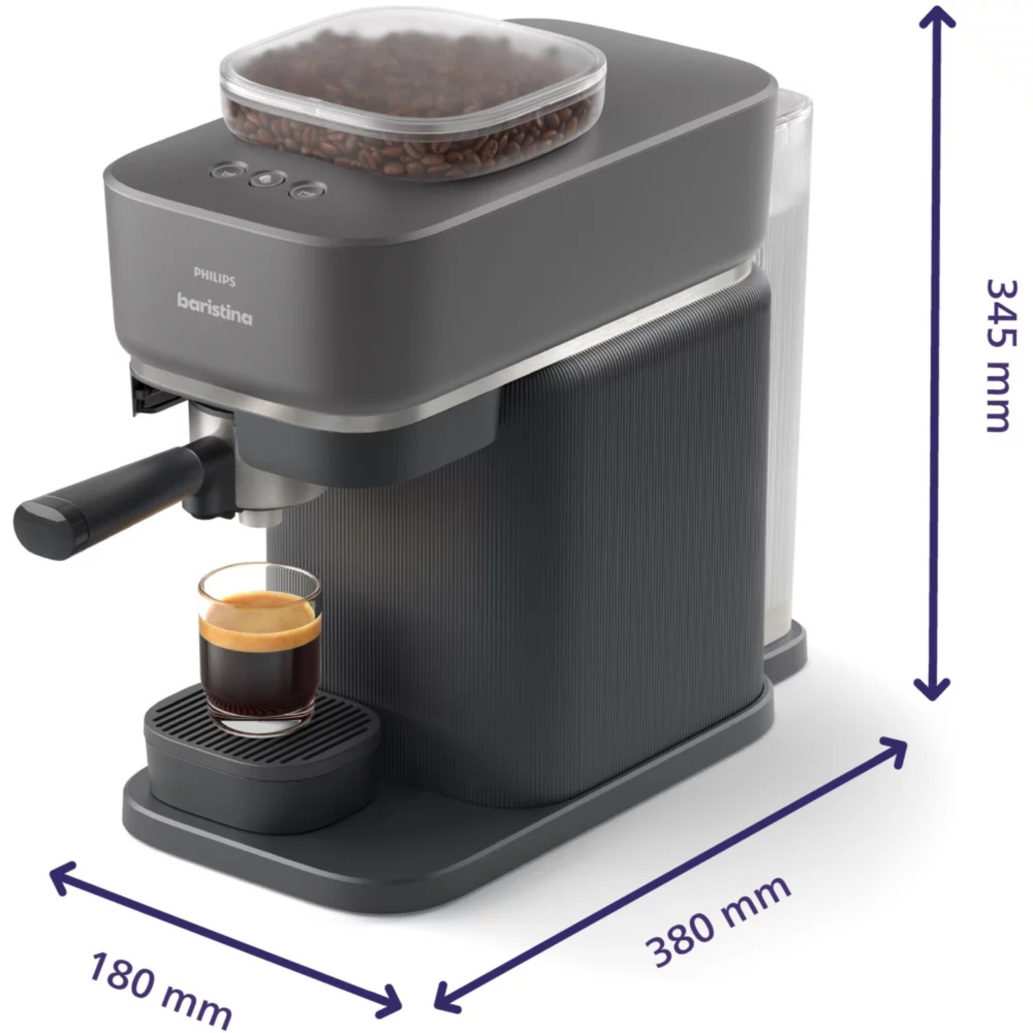 A dark gray coffee machine with coffee and dimensions labeled.