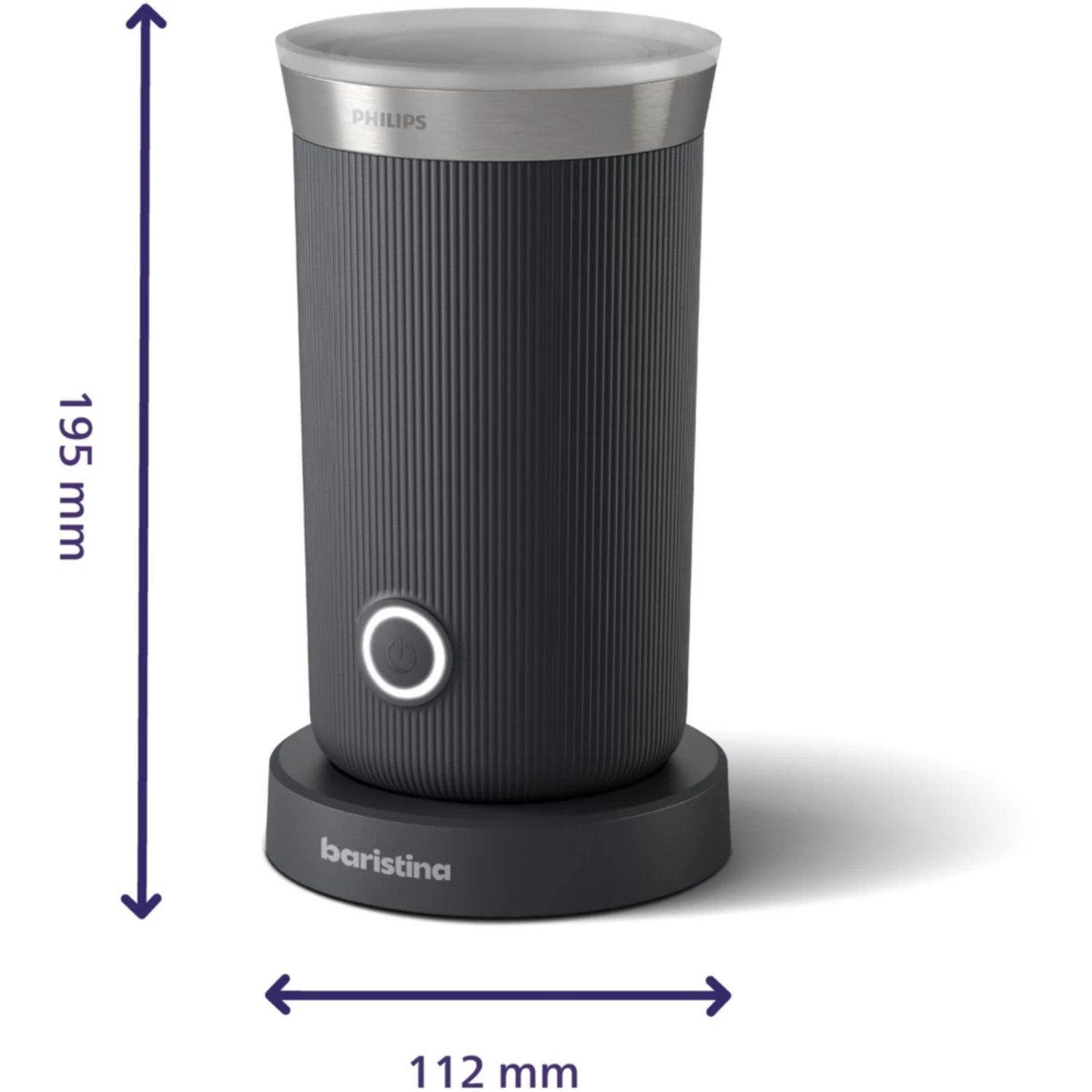 Black and silver Philips Baristina coffee maker with dimensions indicated.