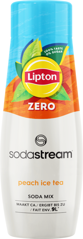 Bouteille de mélange de soda au thé glacé pêche Lipton Zero, avec des couleurs pêche et bleu.