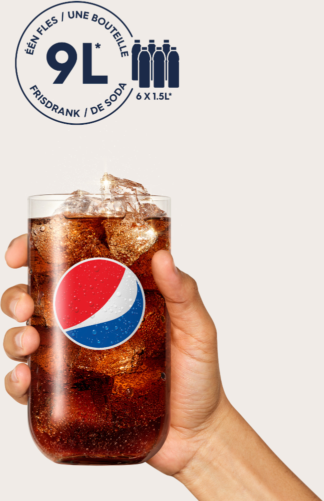 A hand holding a glass of Pepsi with ice. Text indicates it is 9 liters of soda, 6 bottles of 1.5L.