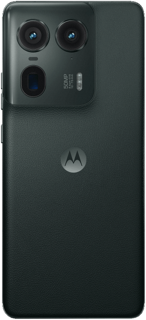 Sötétzöld Motorola telefon, három hátsó kamerával és Motorola logóval.