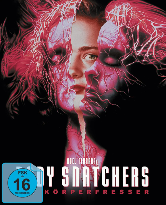 Ein Filmplakat mit dem Gesicht einer Frau, roten Adern und dem Titel „Body Snatchers“.