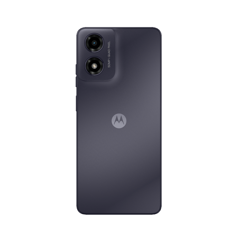 Rückseite eines dunkelvioletten Smartphones. Es hat zwei Kameralinsen oben und ein Motorola-Logo in der Mitte, mit dunkeltürkisfarbenem Hintergrund.