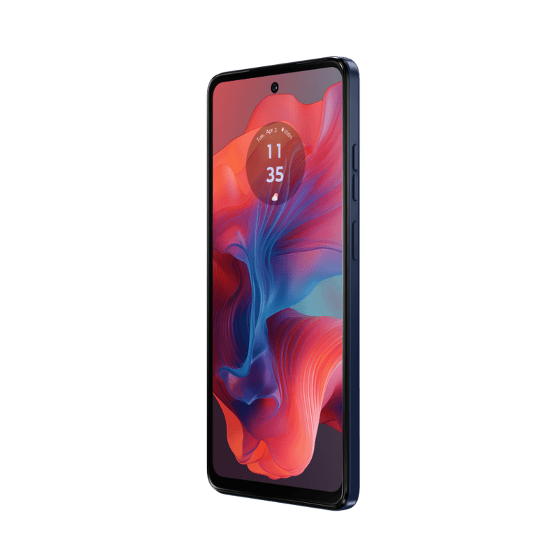 Ein blaues Smartphone auf schwarzem Hintergrund. Der Bildschirm zeigt ein farbenfrohes Design.