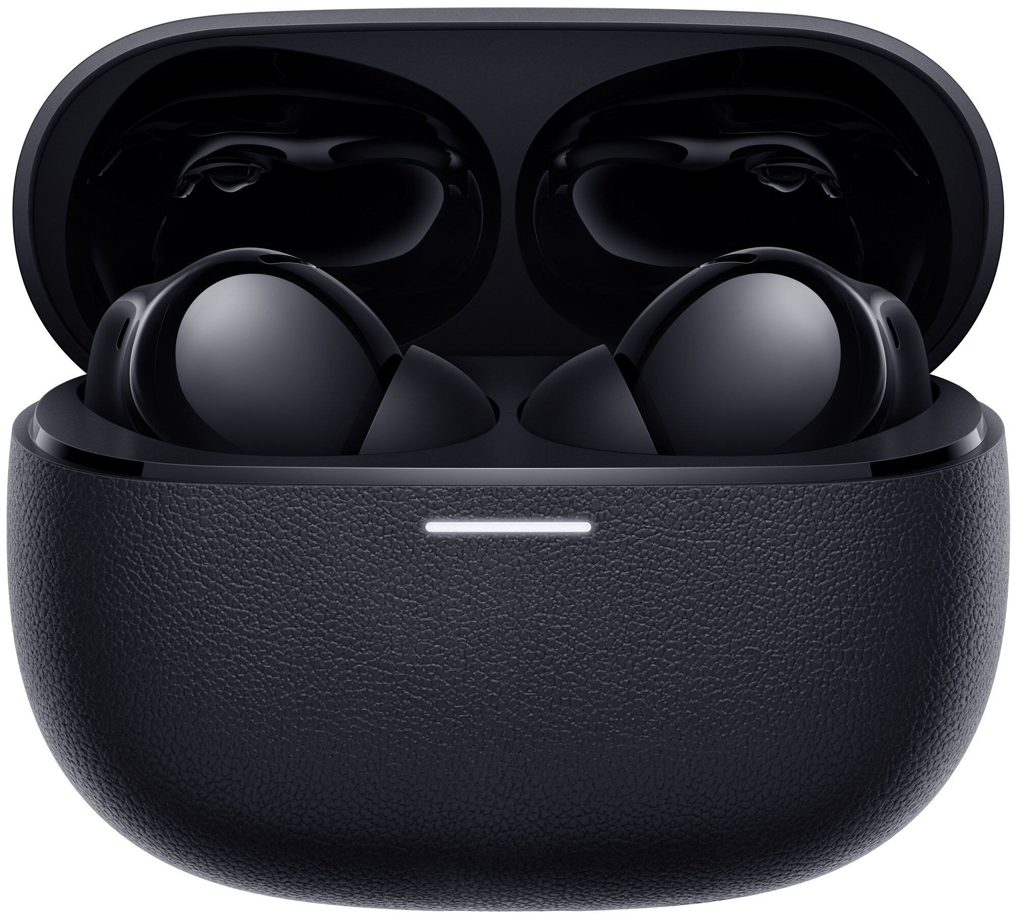 Czarne słuchawki w etui ładującym, otwarte.