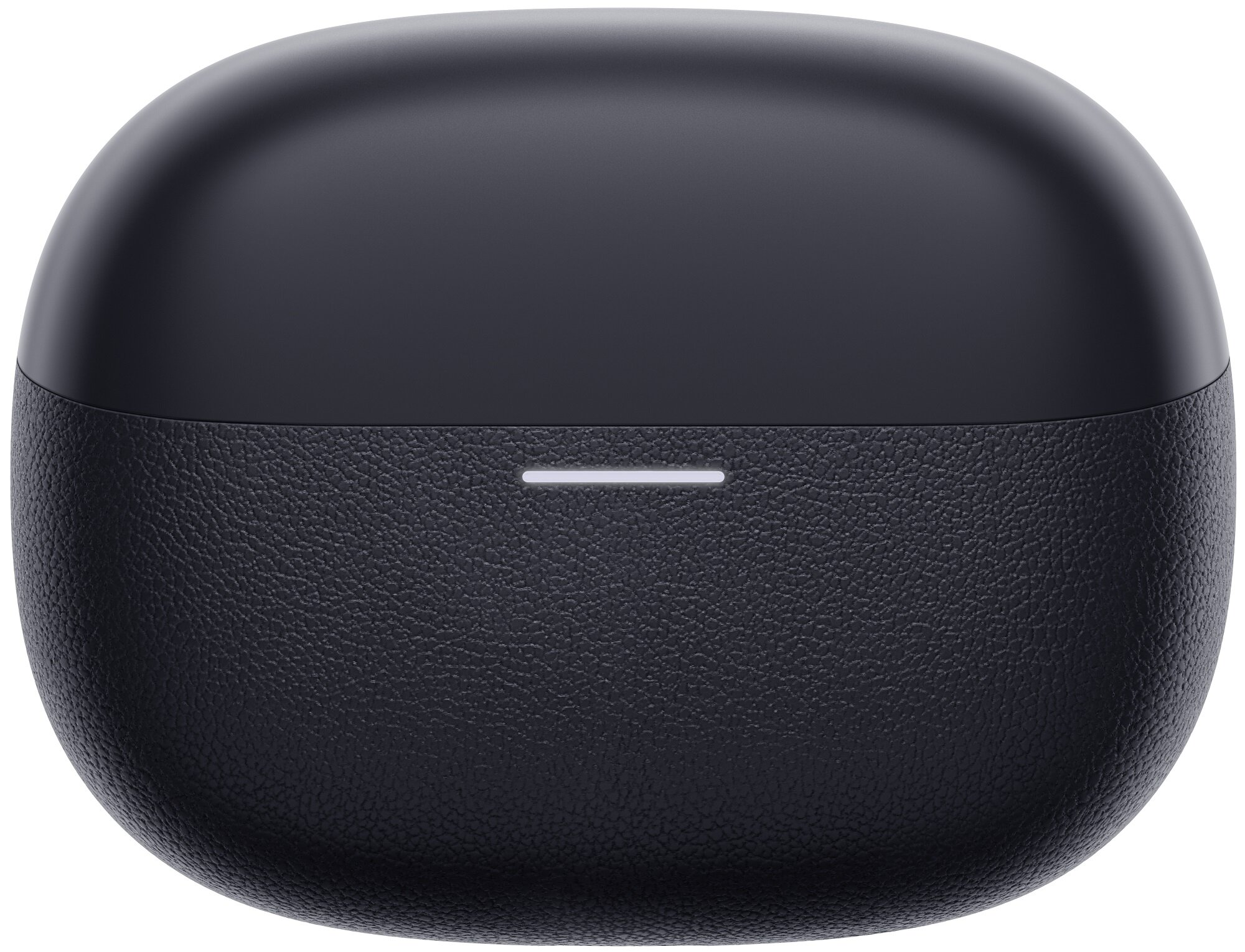 Ciemnoniebieskie, owalne etui na słuchawki z teksturowaną powierzchnią i białym wskaźnikiem światła.