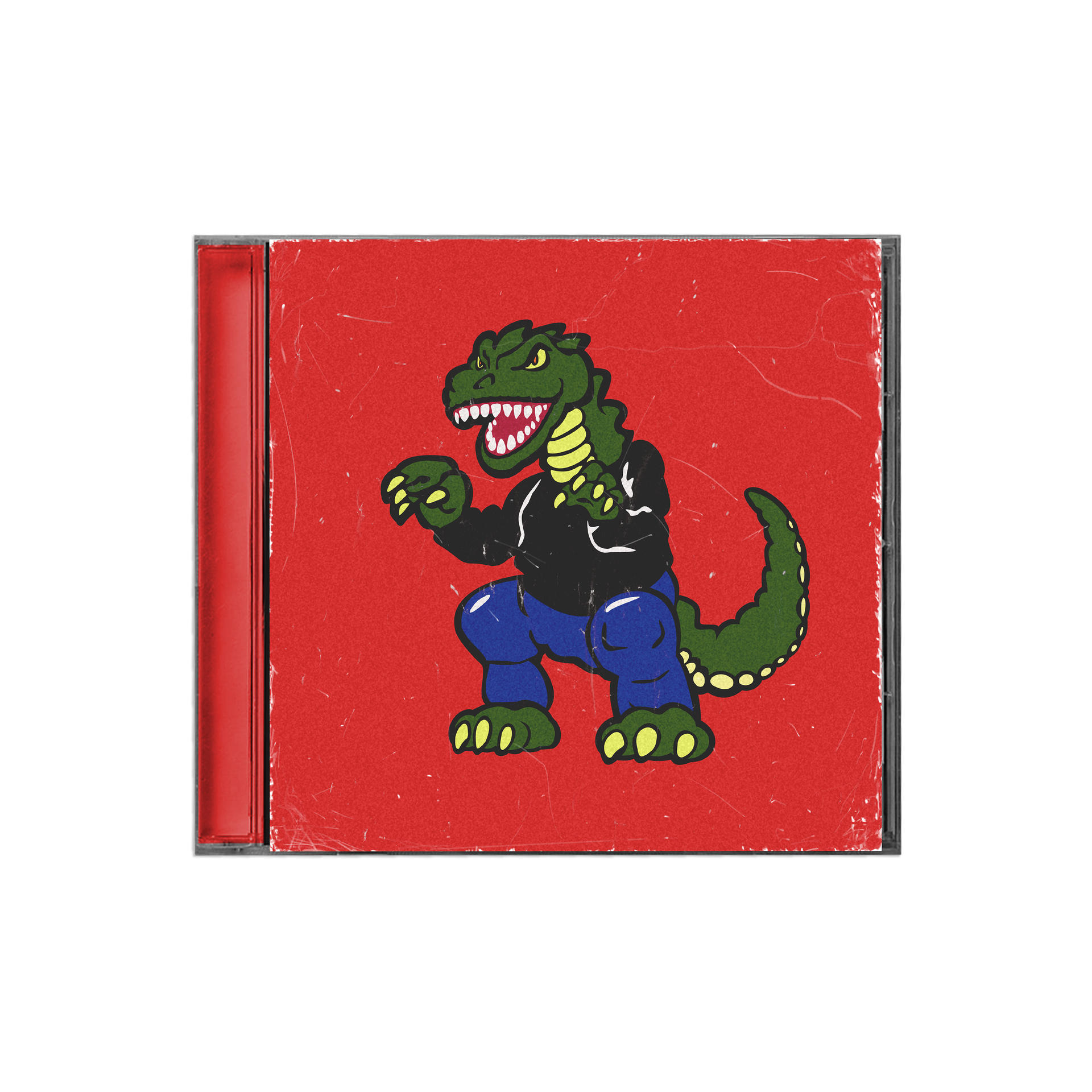 Ein CD-Cover mit einem Zeichentrick-Dinosaurier auf rotem Hintergrund, in Jeans und schwarzer Jacke.