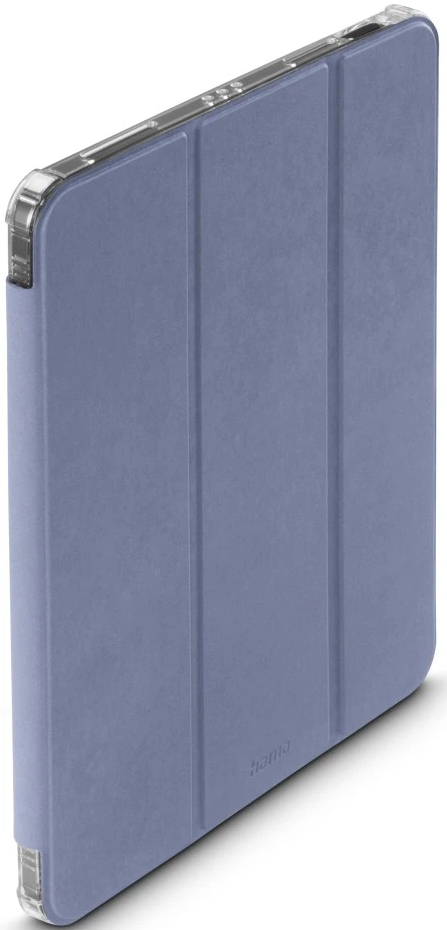 Custodia per tablet blu con bordo trasparente. La custodia è chiusa e leggermente angolata.