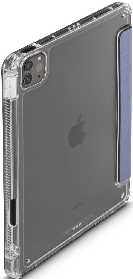 Custodia trasparente per iPad con cover pieghevole blu. L'iPad è visibile attraverso il retro trasparente.