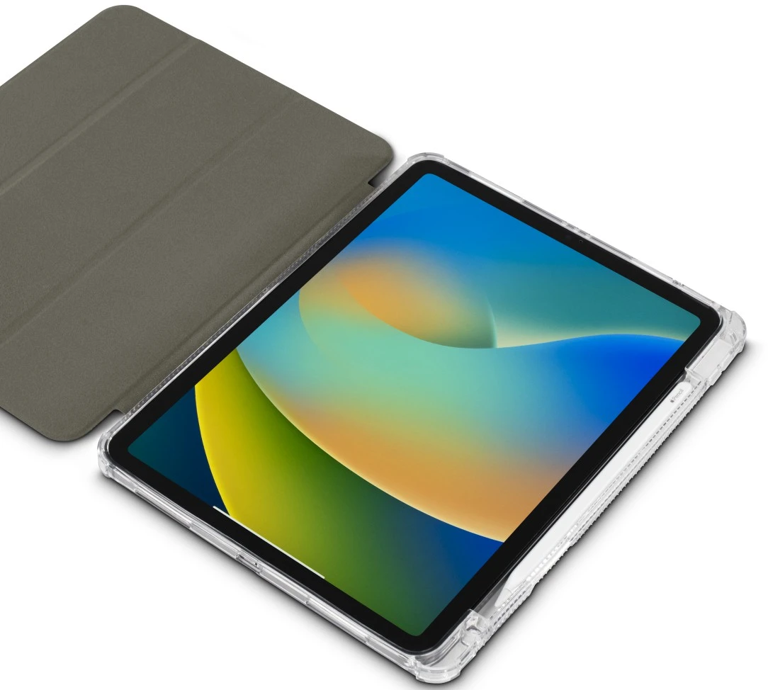 Un iPad in una custodia trasparente con una cover. Lo schermo mostra grafica colorata. La custodia è su una superficie bianca.