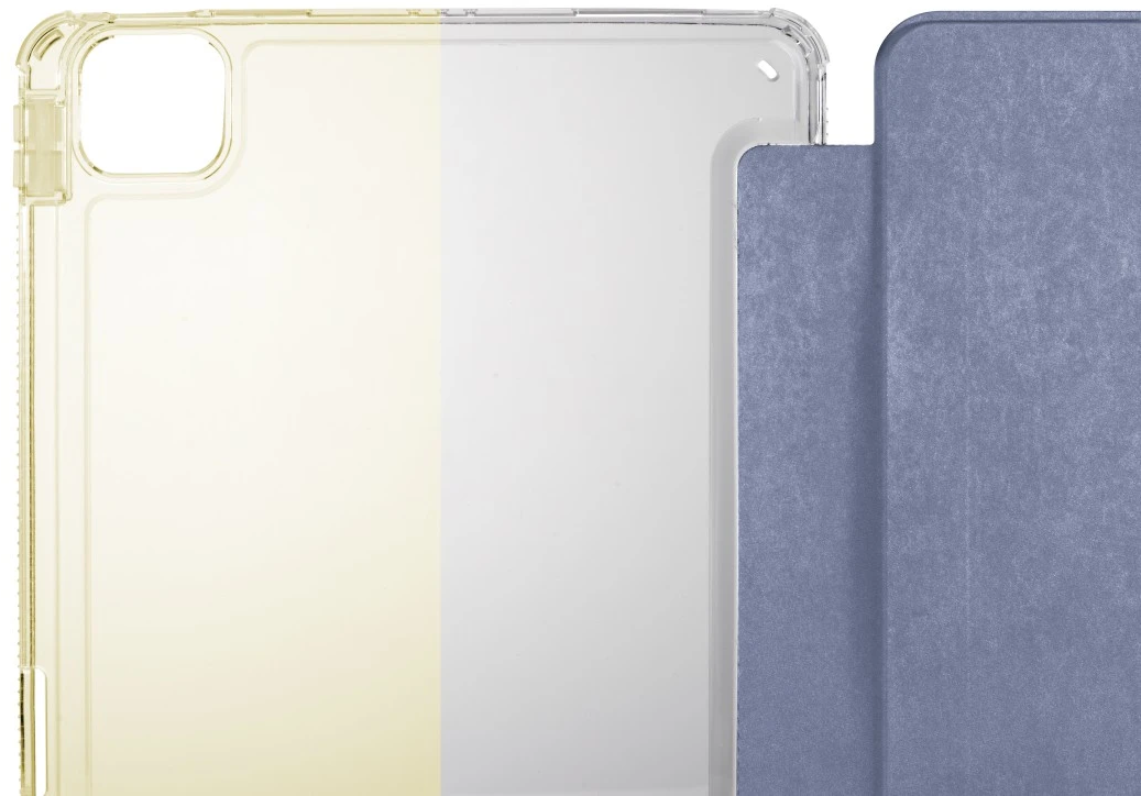 Una custodia trasparente per tablet con una cover blu. La custodia è su sfondo bianco.