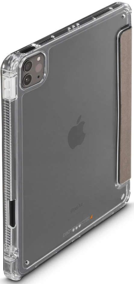 Custodia trasparente per iPad con retro grigio. Logo Apple visibile. Protettiva, trasparente e grigia. Dettaglio puntinato.
