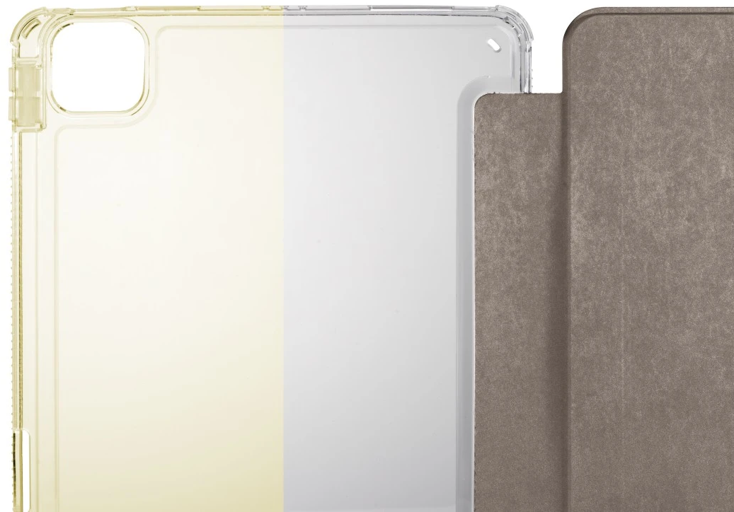 Una custodia e una cover trasparenti per iPad. La custodia è gialla e la cover marrone.